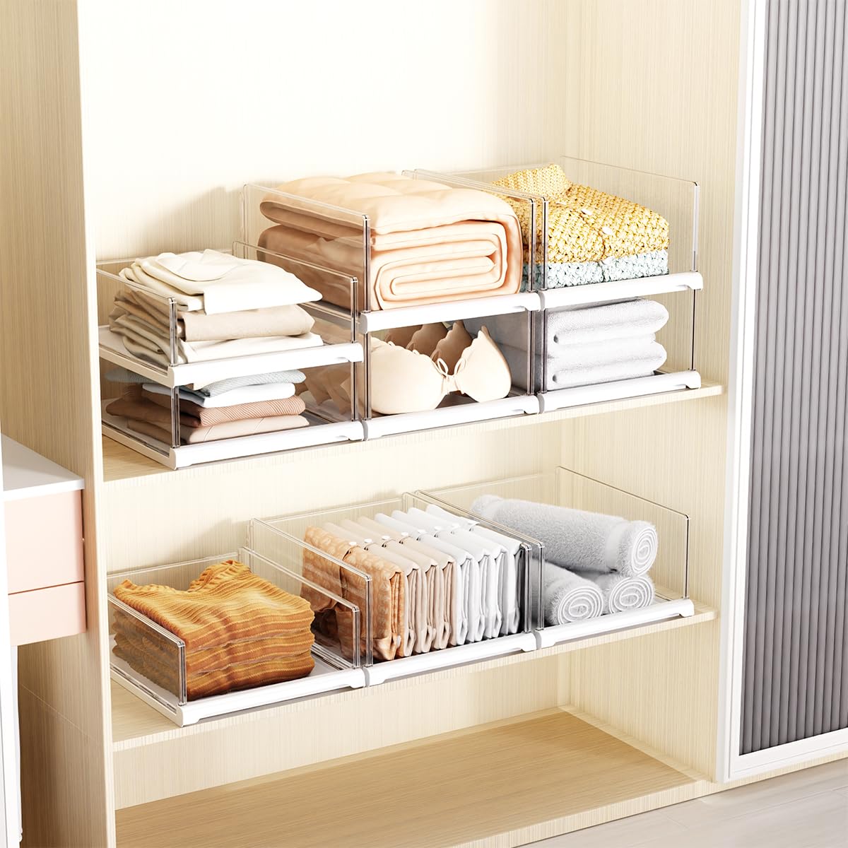 Vaela 4 Pack Stackable Closet Organizers and Storage Shelves,Transparent Multifunctional &Foldable Sweater Storage for Closet, Bathroom, Kitchen, Cupboard, Laundry Room, and Office