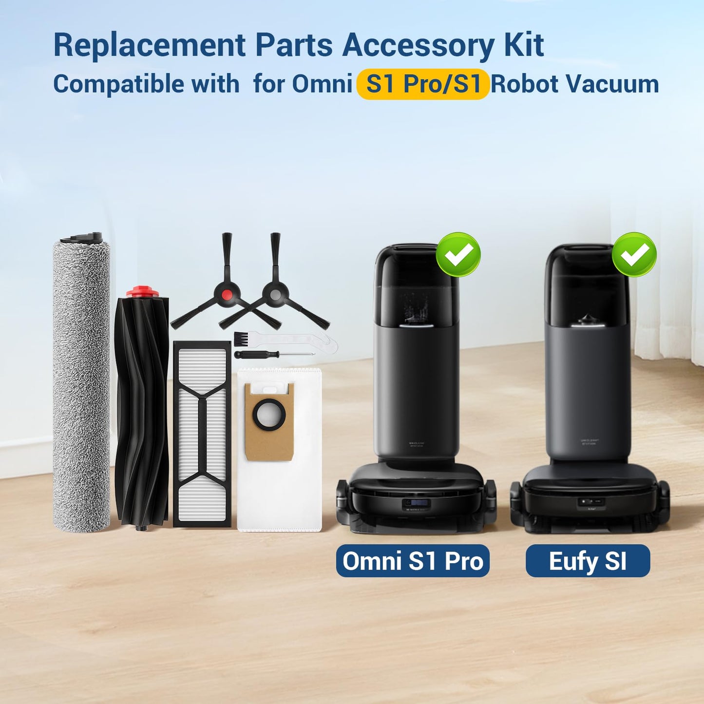 BUXEBUX 20 Pack Omni S1 Pro/ S1 Replacement Accessory Kit for Eufy S1 Pro Omni, S1 Robot Vacuums Parts, 2 Rolling Mops, 1 Main Roller Brush, 4 HEPA Filters, 6 Side Brushes, 6 Dust Bags, 1 Clean Tool