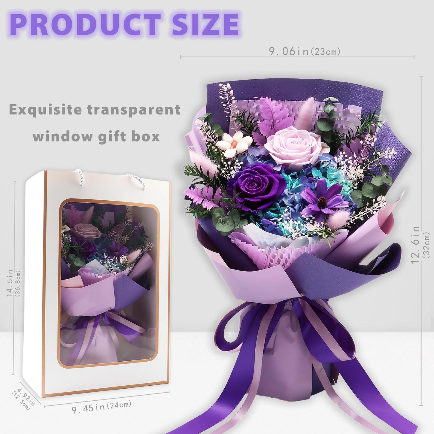 iLovDesign Preserved Flowers Bouquet, Long Lasting Floral Arrangement with Gift Box, Ideal for Mom, Wife, Women & Friends (Deep Purple)