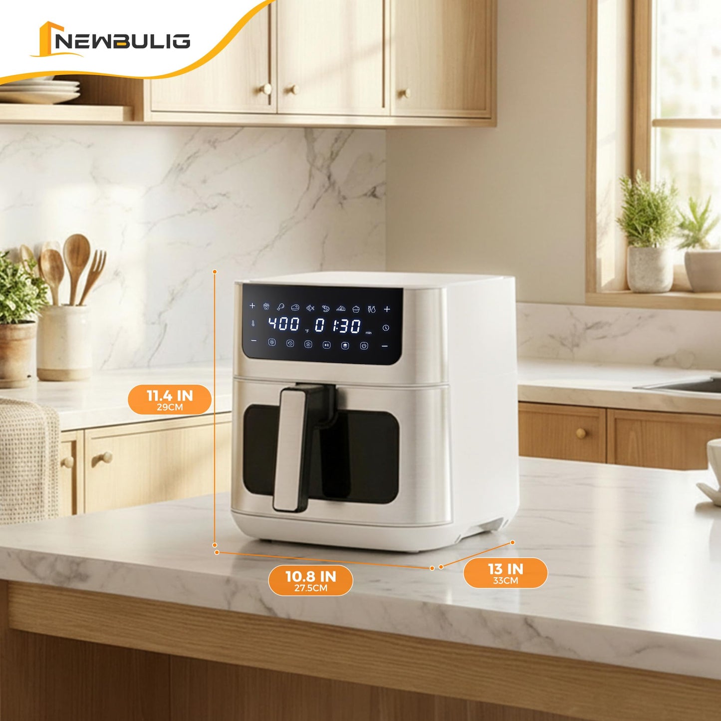 NEWBULIG Air Fryer 6.34QT, Airfryer with Visible Window, 400℉ Fast Heating Air Fryers Oven with Nonstick and Dishwasher-Safe Basket, 8-in-1 Cooking Preset, Timer，Auto-Off, Stainless Steel, White