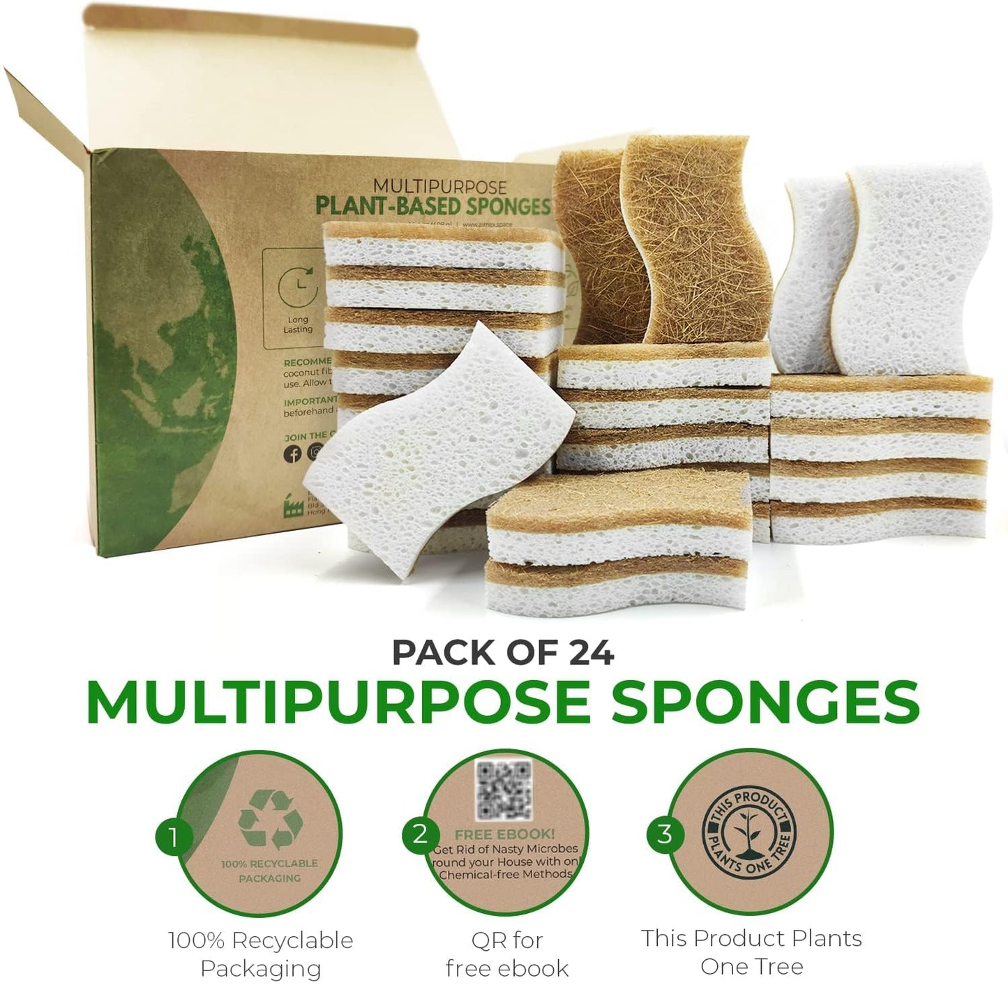 AIRNEX Natural Kitchen Sponges (24 Pack) - Biodegradable Cellulose & Coconut Scrubber Dish Sponges for Kitchen - Eco-Friendly, Non Scratch, Compostable, Non Toxic S-Shaped Natural Sponges for Dishes