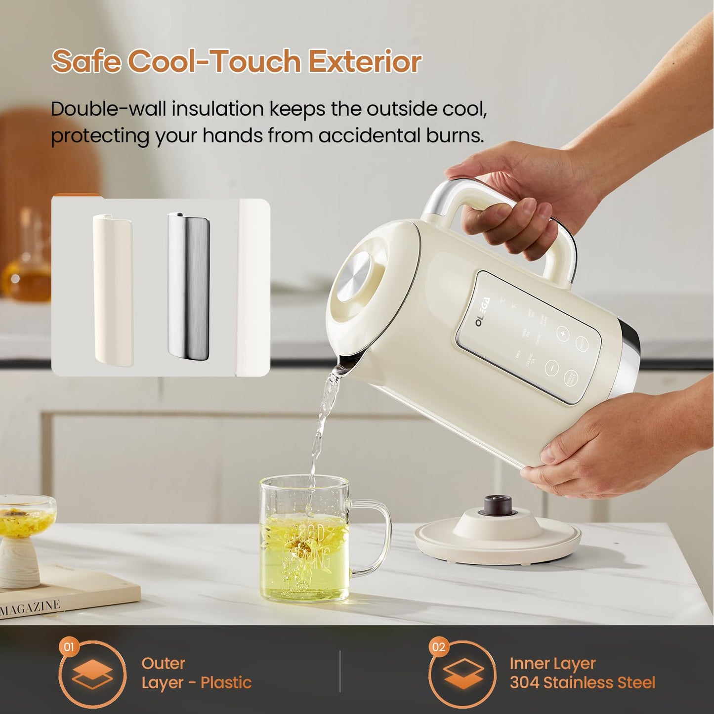 Electric Kettle Temperature Control: OLEGA 1.5L Stainless Steel Smart Kettle Hot Water Boiler, 6 Temp Presets, 1200W Fast Boiling Electric Tea & Coffee Kettle, Electric Kettles Teapot for Home -Beige