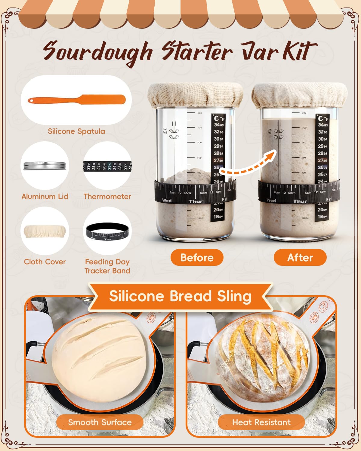 RYMTOX Complete Sourdough Starter Kit with Manual | Easy to Clean for Beginners | Sourdough Bread Baking Supplies with Round Bread Proofing Basket, Bread Sling, Starter Jar, Dough Whisk, Scrapers, Bag