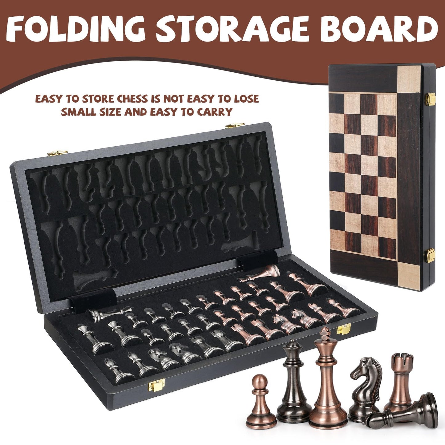 15-Inch Large Metal Chess Set for Adults and Kids with Metal Chess Pieces – Foldable Wooden Board with Storage, Portable Classic Game Set for Travel & Home, Elegant Gift for Chess Enthusiasts