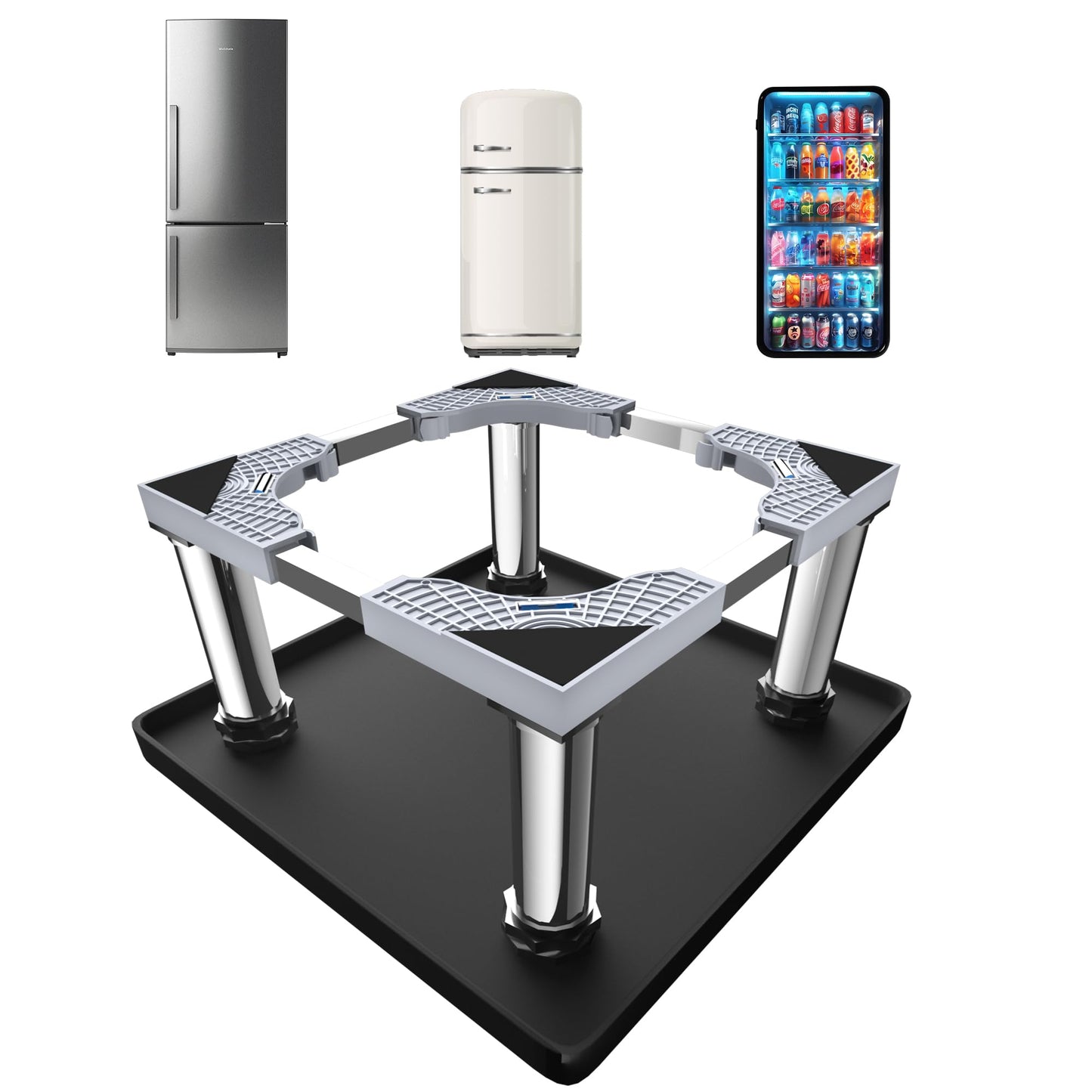 Mini Fridge Stand with Silicone Mat, Adjustable Refrigerator Stand with 4 Stainless steel Feet, 24''x 24'' Dorm Fridge Stand Protect From Appliance Leaks for Fridge, Washer, Dryer(11.4"-12.6" High)