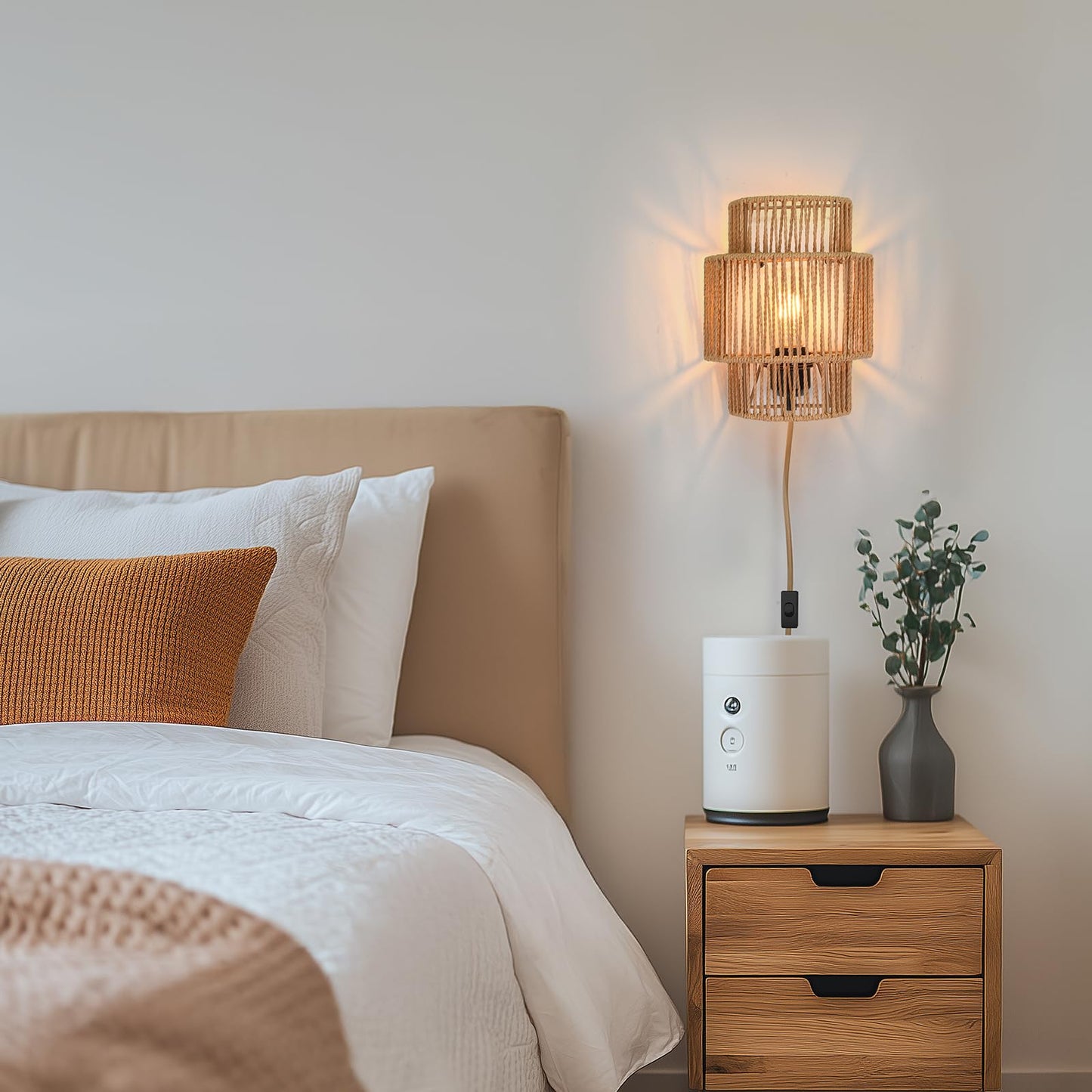 AKEETO Plug-in Wall Sconces Set of 2, Handwoven Bohemian Wall Decor with Switch, Wall Lights Fixtures for Bedroom Living Room Hallway Porch