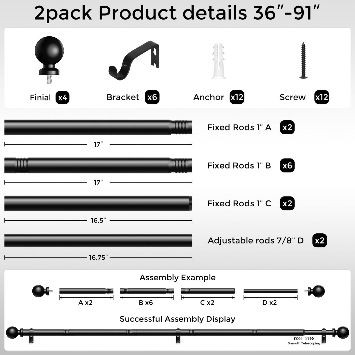 Wolistsa 2 Pack Curtain Rods 36-91 Inch, Black 1 Inch Adjustable Heavy Duty Curtain Rods for Windows, Decorative Modern Window Treatment Rod, Splicing Metal Drapery Pole, Easy Installation