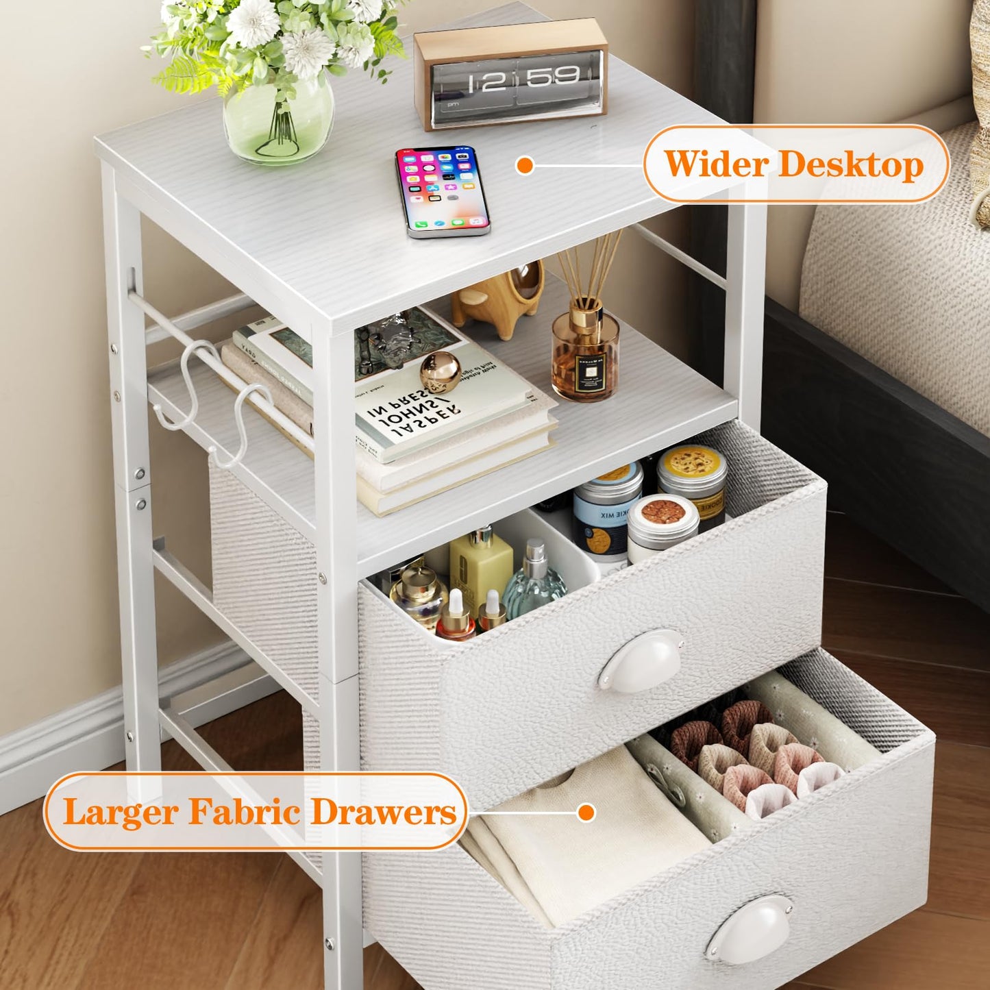 Furologee Nightstands Set of 2, End Table with 2 Fabric Drawers, Night Stand with 2 Hooks, Open Wood Shelf Bedside Table for Bedroom/Living Room/White