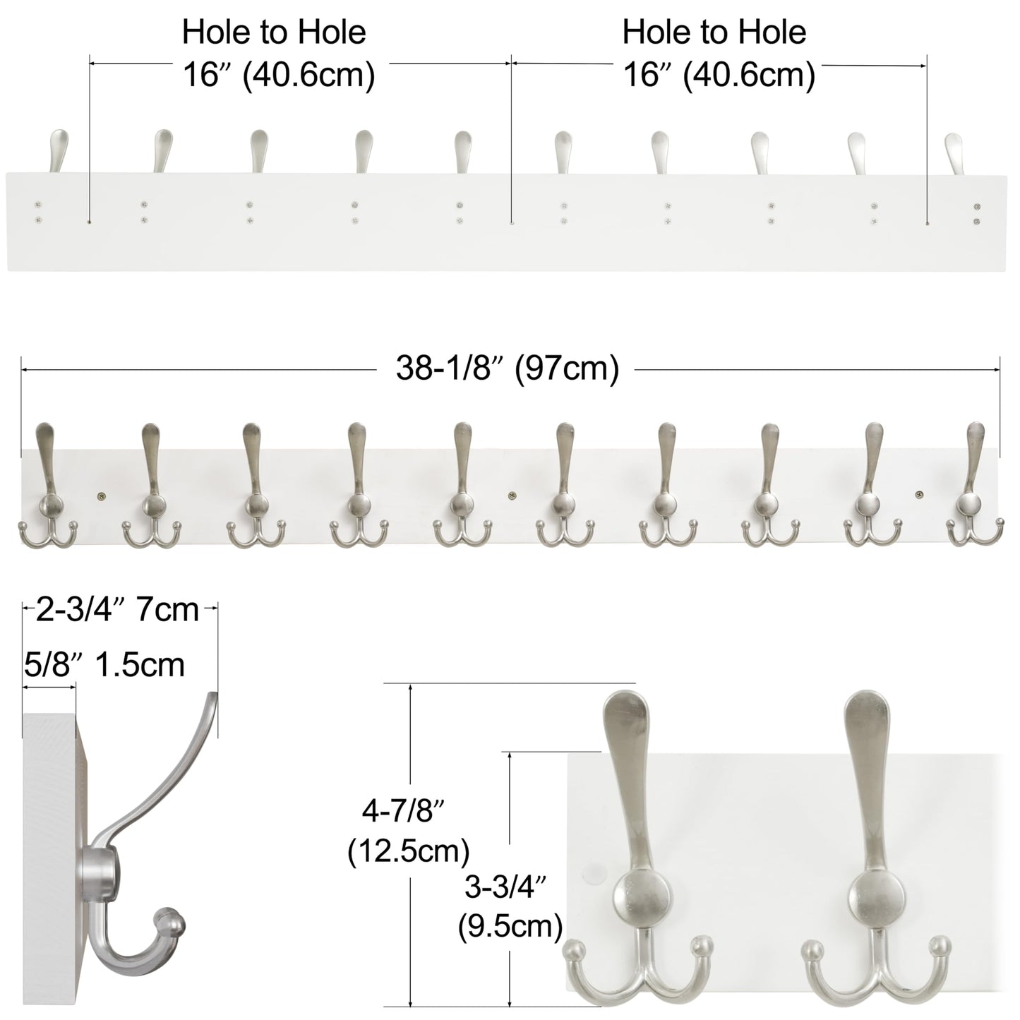 SKOLOO Creations White Solid Wood Wall Mounted Coat Rack, 10 Hooks, 38-1/8" Long - Kitchen, Mudroom, Entryway, Bathroom - Includes Mounting Hardware, Wall Coat Hanger, Towel Rack