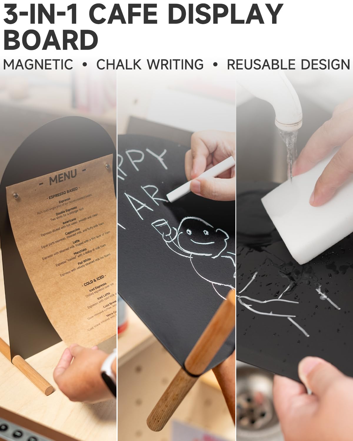 Metal Tabletop Menu Stand with Magnetic Holders and Chalk Writable Surface, Reusable Cafe Display Board with Wooden Base for Restaurant Bakery Retail Counter Menu, Daily Specials and Price Signs