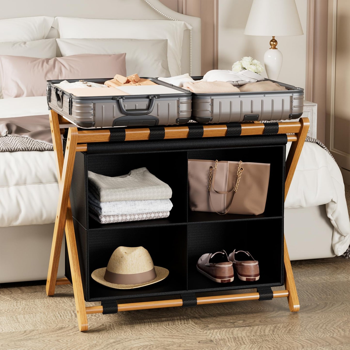 MHACVVO Bamboo Luggage Rack with 4 Storage Compartments, Foldable Suitcase Stand for Guest Room, 150lbs Capacity, Sturdy, Space-Saving and Easy to Assemble Organizer