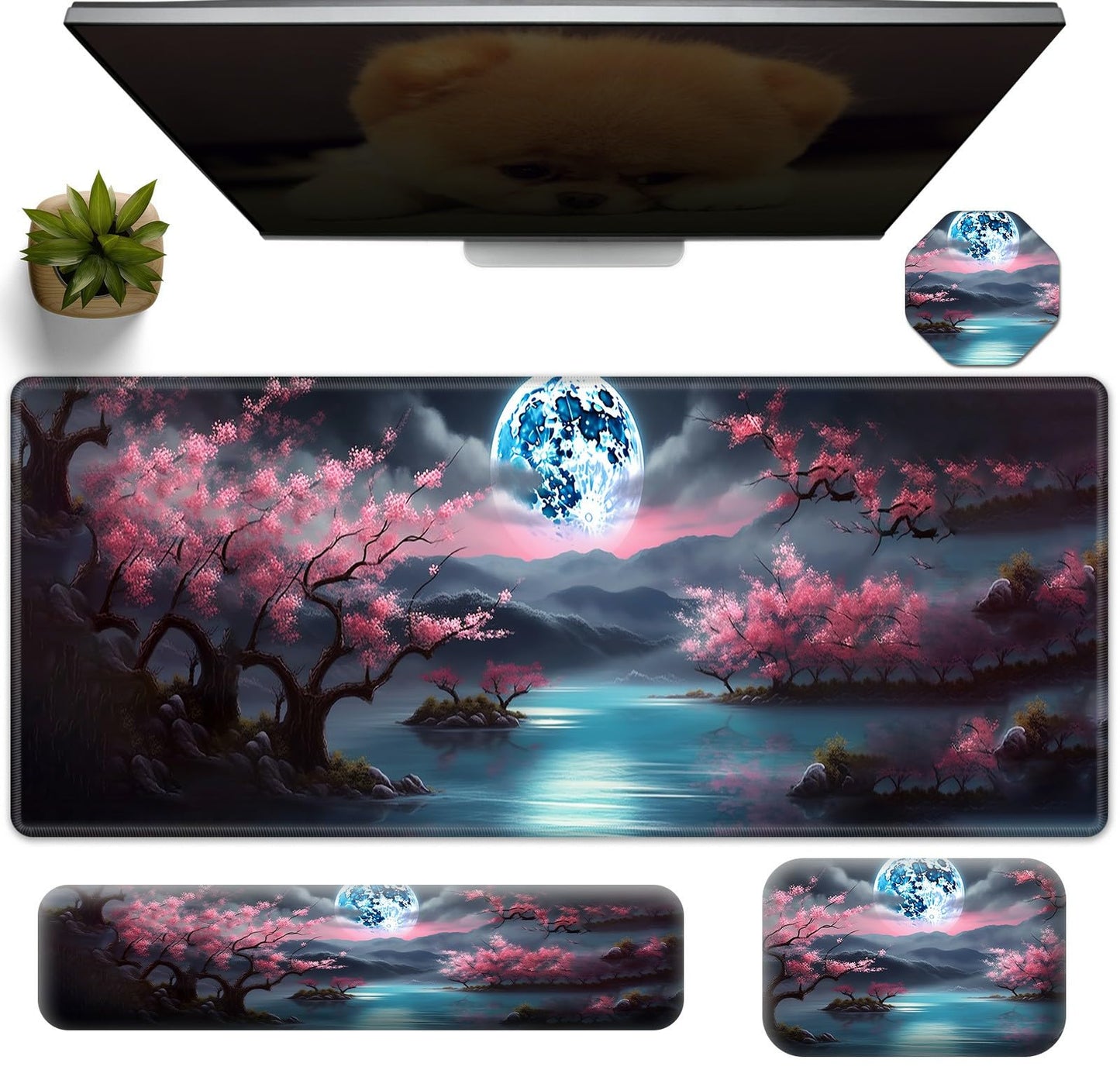 Large Gaming Mouse Pad+Memory Foam Ergonomic Keyboard Wrist Rest Support+Wrist Rest+Coaster, Extended Desk Pad Set, Stitched Edge Non Slip Desk Mat 4PC for Office & Home, Moon Cherry Blossom