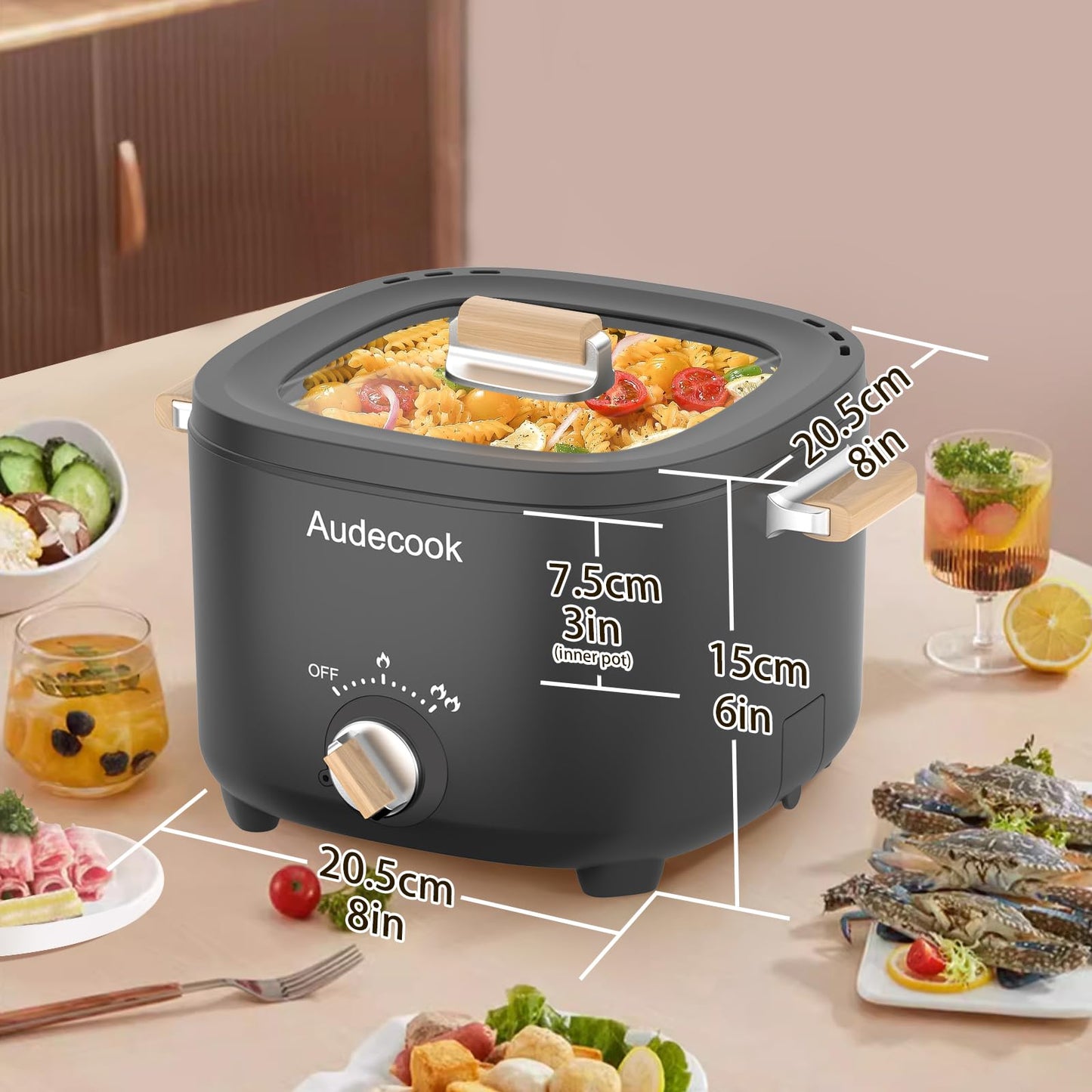 Audecook Hot Pot Electric, 2.5L Portable Nonstick Multicooker for 1-3 Persons, Honeycomb Texture Travel Electric Skillet with Dual Power Temperature Control for Steak/Egg/Noodles/Oatmeal (Black)