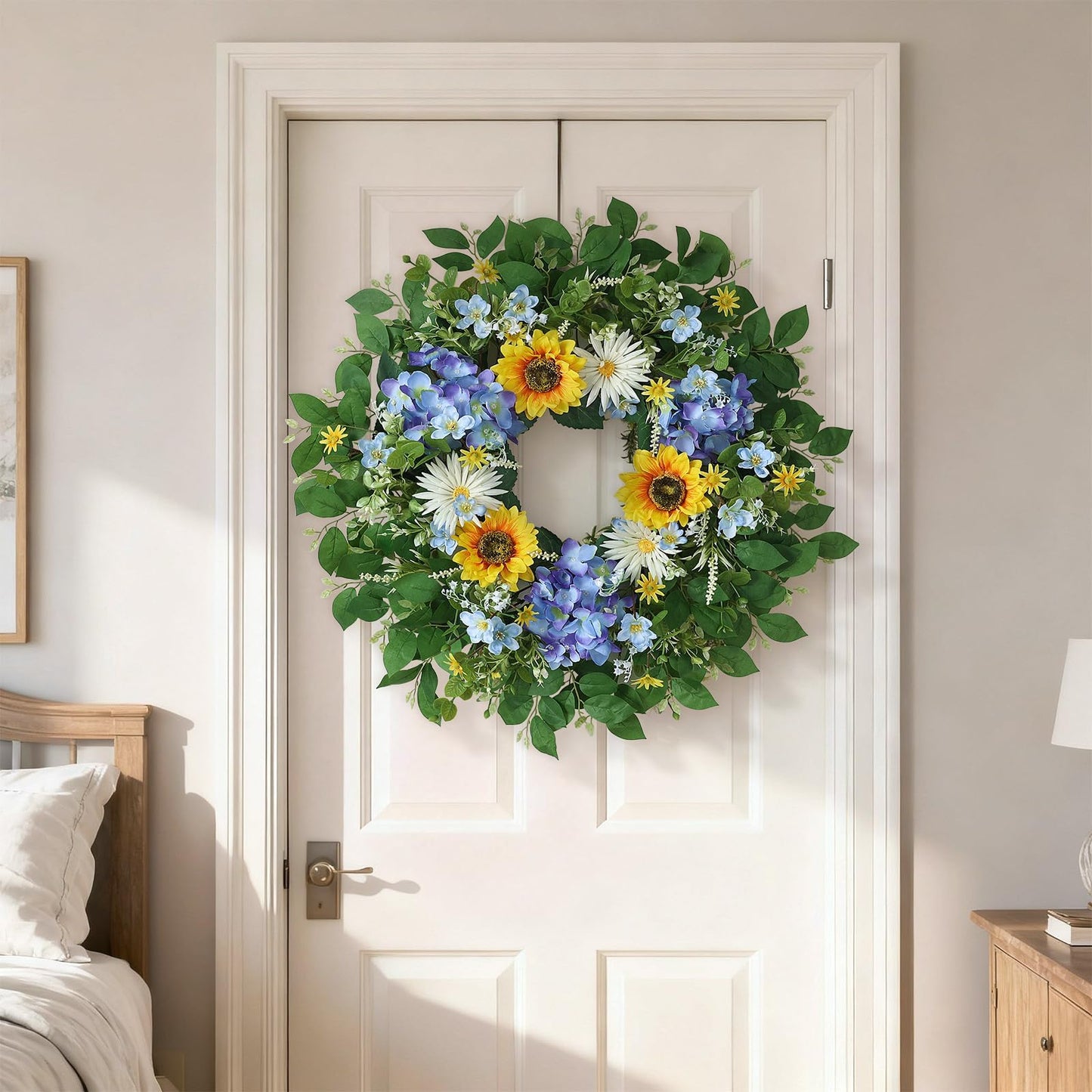 26" Large Artificial Flower Wreath for Front Door Outside – Spring Summer Wreath with Lifelike Sunflowers, Fake Blue Hydrangea Flowers for Indoor Outdoor Mantel,Window,Farmhouse,Home,Wall Decor