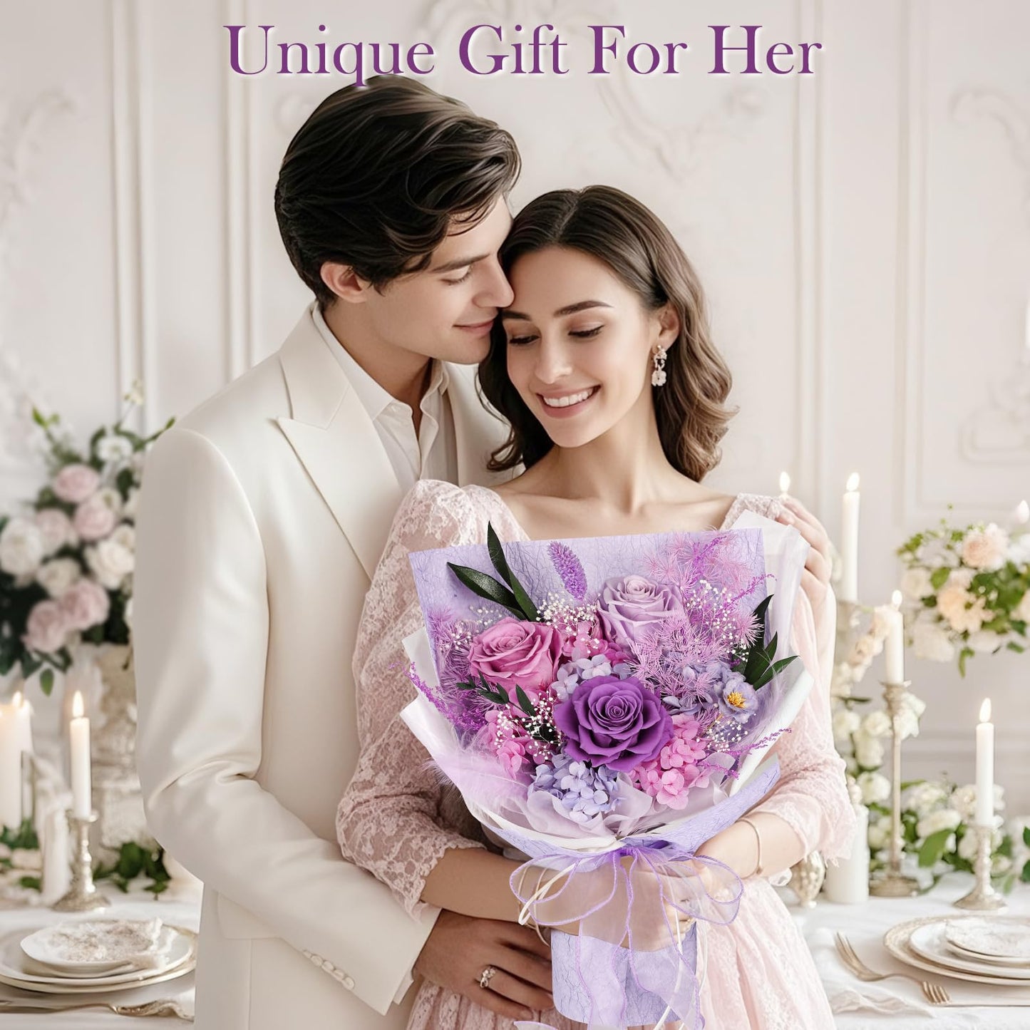 Preserved Bouquet of Flowers - 3 Roses & Flowers for Delivery, Long-Lasting Real Lavender Forever Flowers, Mothers Day Gifts for Mom Grandma Wife, Anniversary Birthday Gifts for Women
