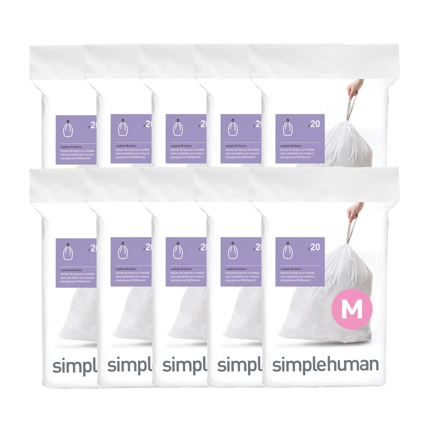 simplehuman Code M 200 Count Custom Fit Liners, Drawstring Kitchen Trash Bags, One-by-One Mess-Free Dispense, Extra Thick & Double Seamed, 50% PCR Plastic, 40-45 Liter / 11-12 Gallon, White