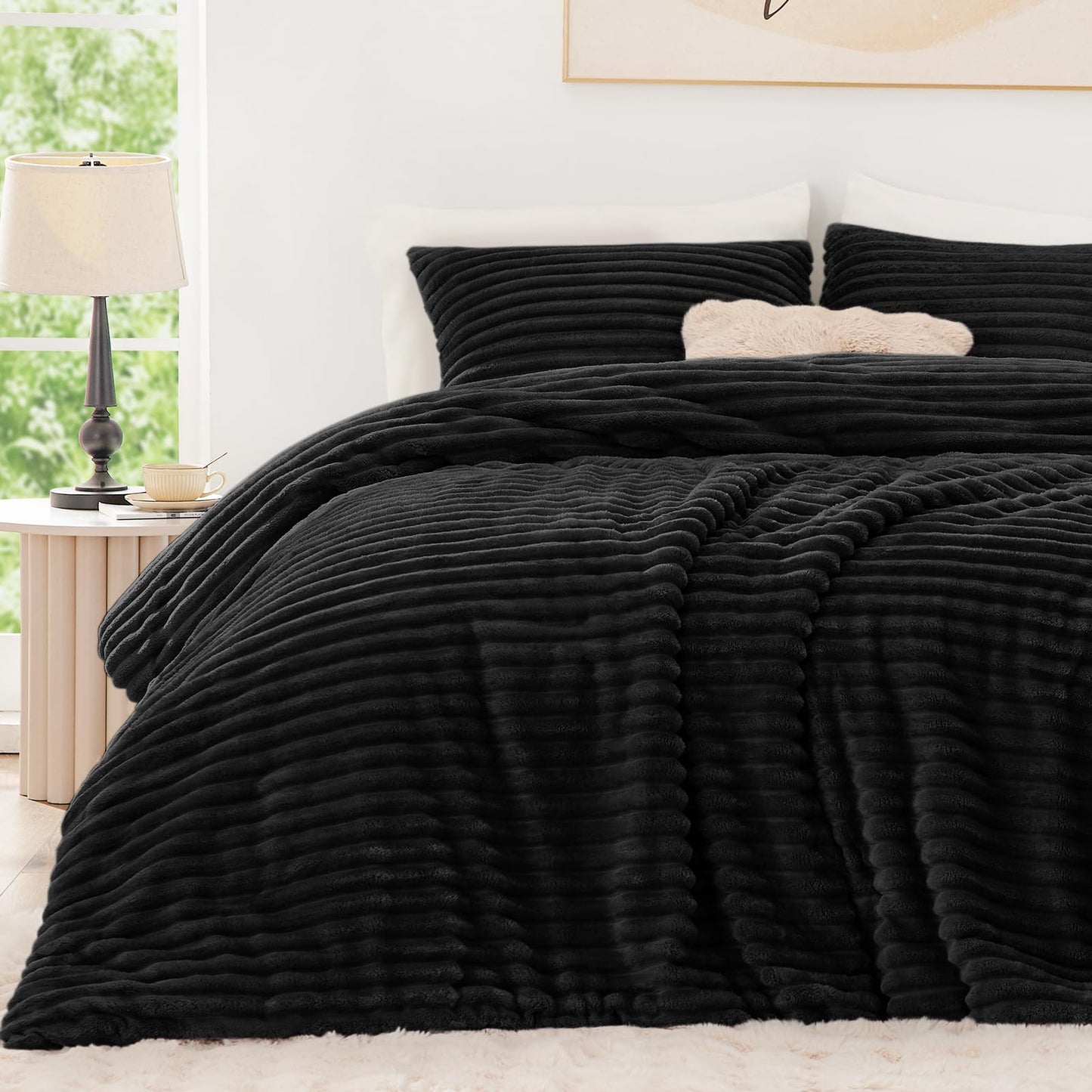 EXQ Home Fluffy Comforter Set Full Size - Super Soft Faux Fur Stripe Jacquard Comforter 3 Pieces, Black Fleece Bedding Set,Winter Warm Bed Set,1 Comforter with 2 Pillowcases