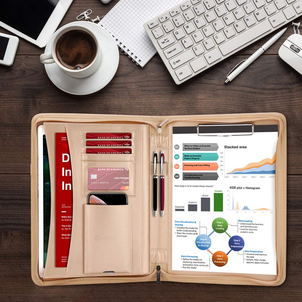 Darolin Vegan Leather Padfolio Portfolio with Handle & Clipboard, Zippered Business Portfolio Organizer for Meetings, Interviews & Travel, Fits A4 & Letter Size, Padfolio for Men Women (Gold)