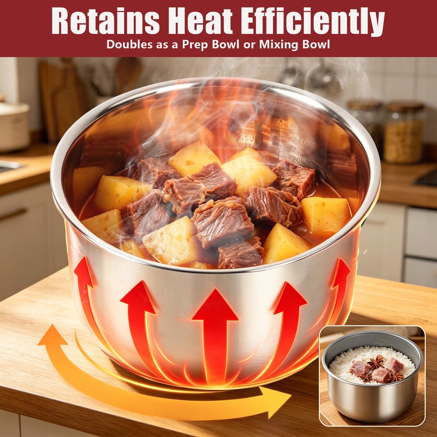 Stainless Steel Inner Pot Compatible with Ninja Foodi 8Qt, Food Grade 304 Replacement Insert Liner, Thick Bottom Even Heating Non-Toxic Pressure Cooker Accessory