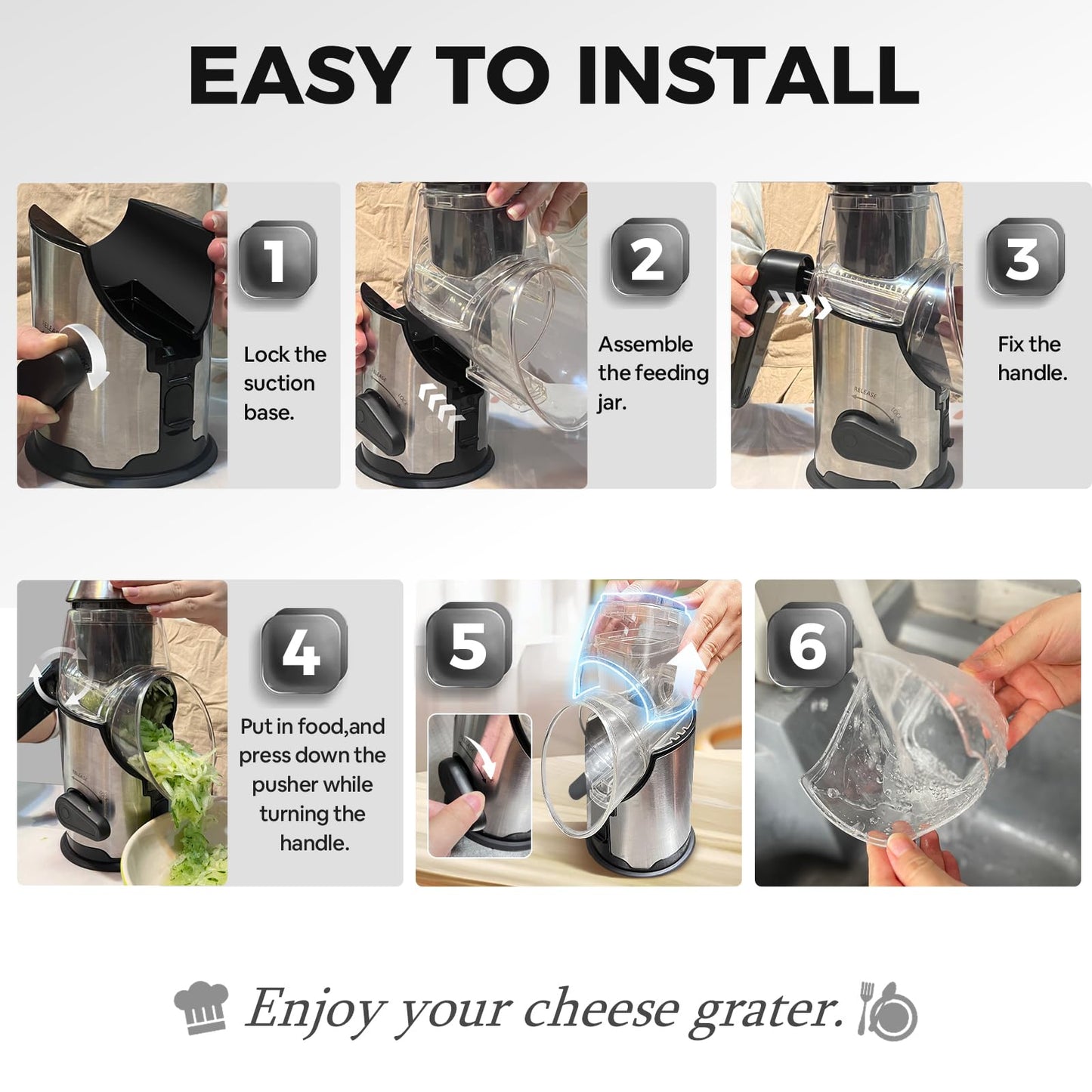 Airpro Rotary Cheese Grater with Handle - Vegetable Shredder with 3 Stainless Steel Blades & Strong Suction Base,Round Mandoline Slicer & Food Chopper for Kitchen