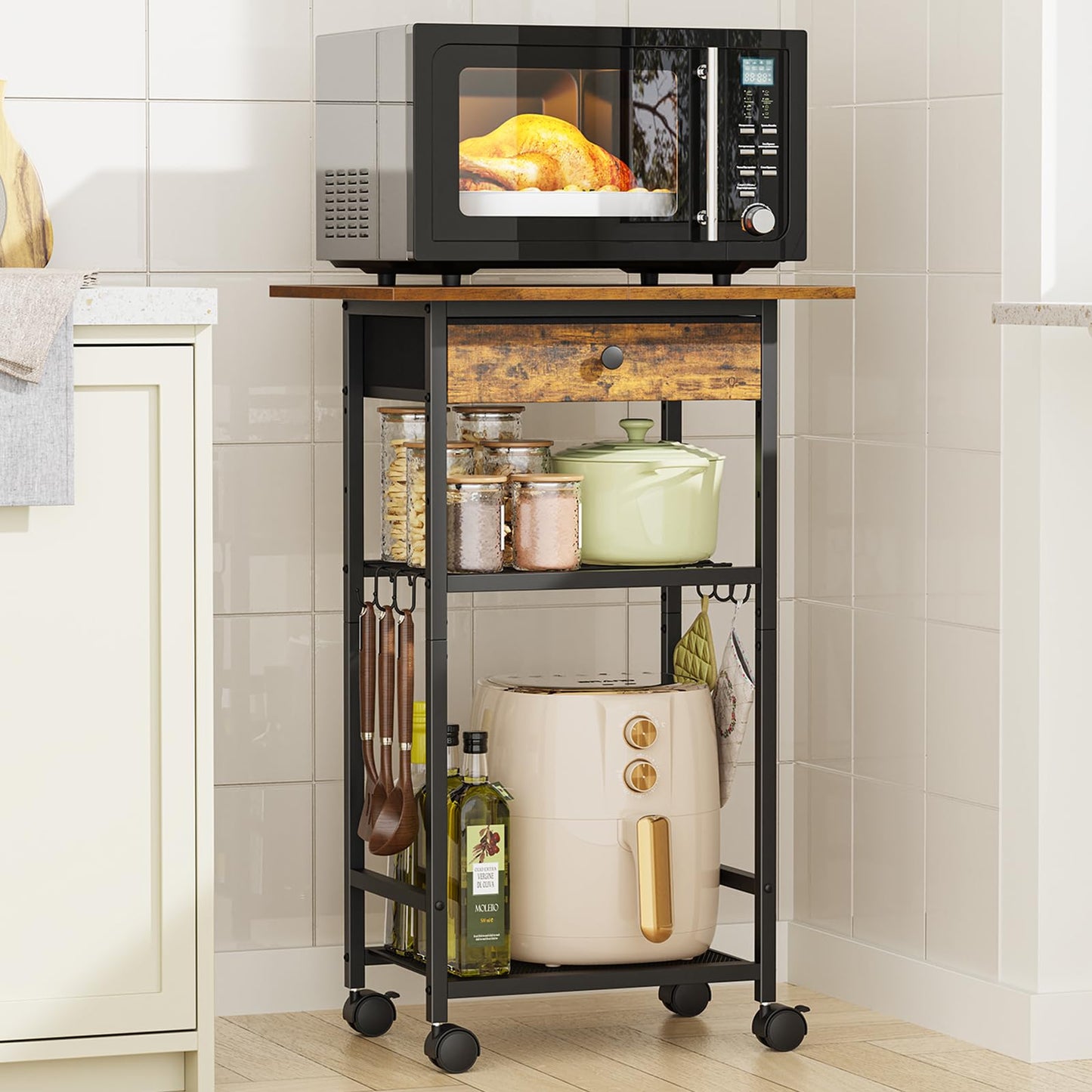Draelibor Microwave Cart, 4-Tier Microwave Stand with Adjustable Shelf, Kitchen Storage Cart on Wheels, Coffee Bar Cart Shelf for Living Room, Kitchen Island, Office, Balcony, Rustic Brown