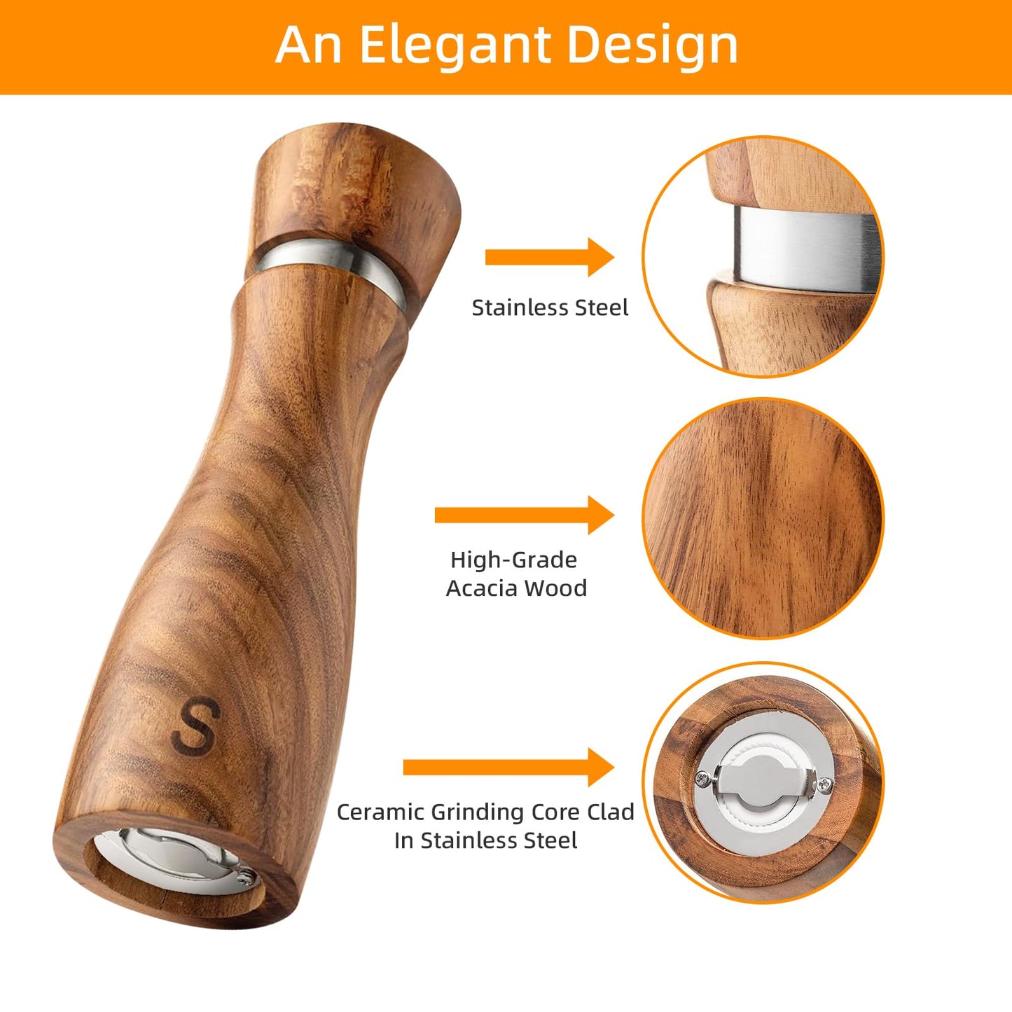 Wooden Salt and Pepper Grinder Set:Pepper Grinder Manual,Adjustable Coarseness,Crafted of Acacia Wood with Ceramic/Stainless Steel Core|Along with Salt&Pepper Mill Tray,Spoon,8in,2pack