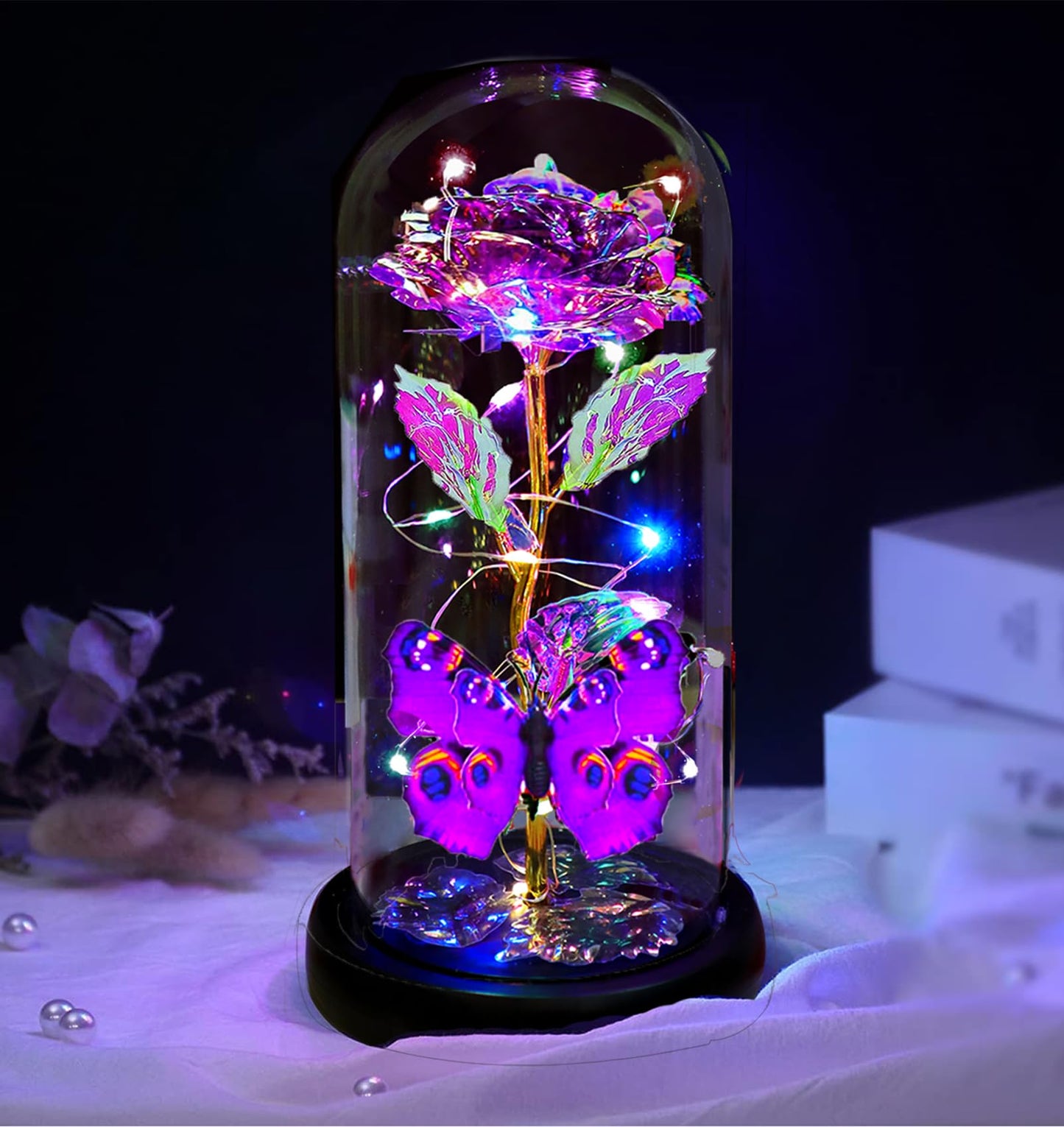 Rose Glass Flowers Gifts, Galaxy Crystal Light Up Rose Flower in A Glass Dome, Birthday Gifts for Women Mom Sister Wife Her Girlfriend Grandma Mothers Valentines Day Roses Presents, Purple Butterfly