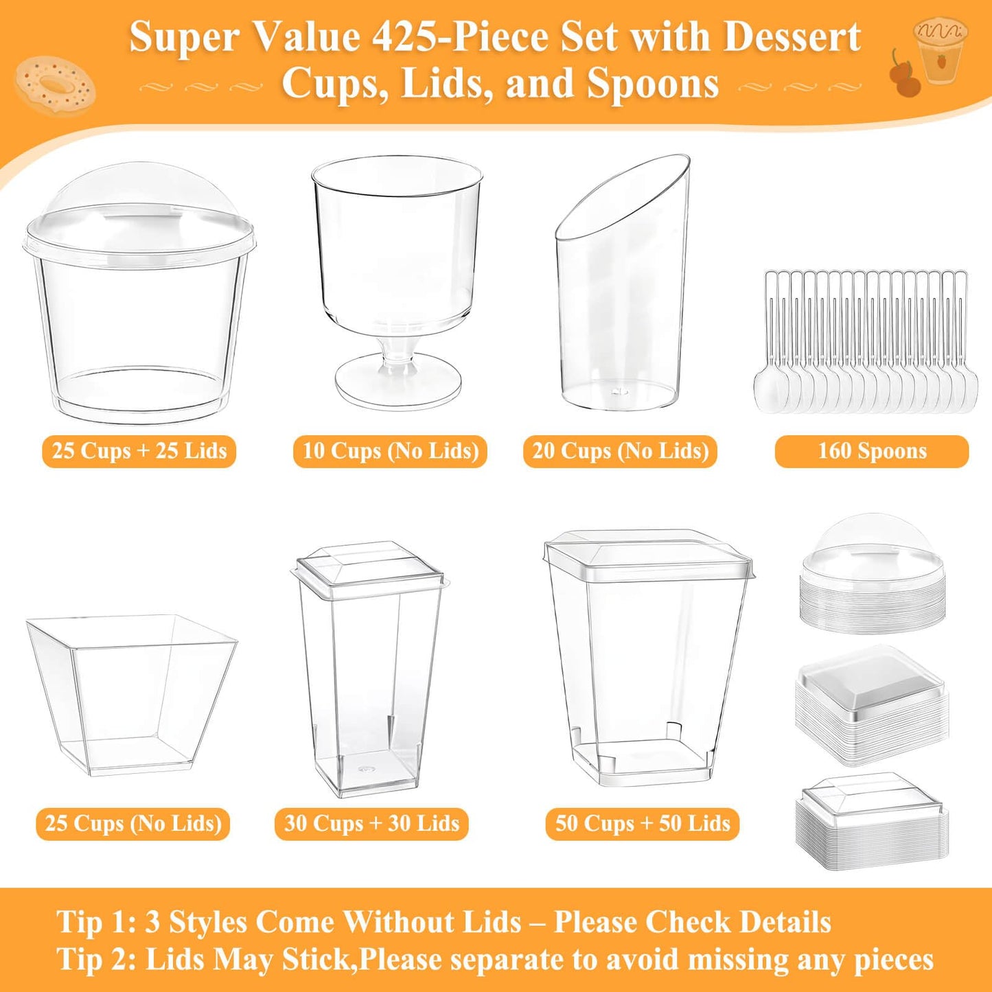 Tetutor 425 Pack Plastic Dessert Cups with Lids and Spoons, 3 oz and 5 oz Mini Dessert Cups with Spoons, Clear Yogurt Cups with Lids, Small Appetizer Cups for Fruit Party Pudding Shooter