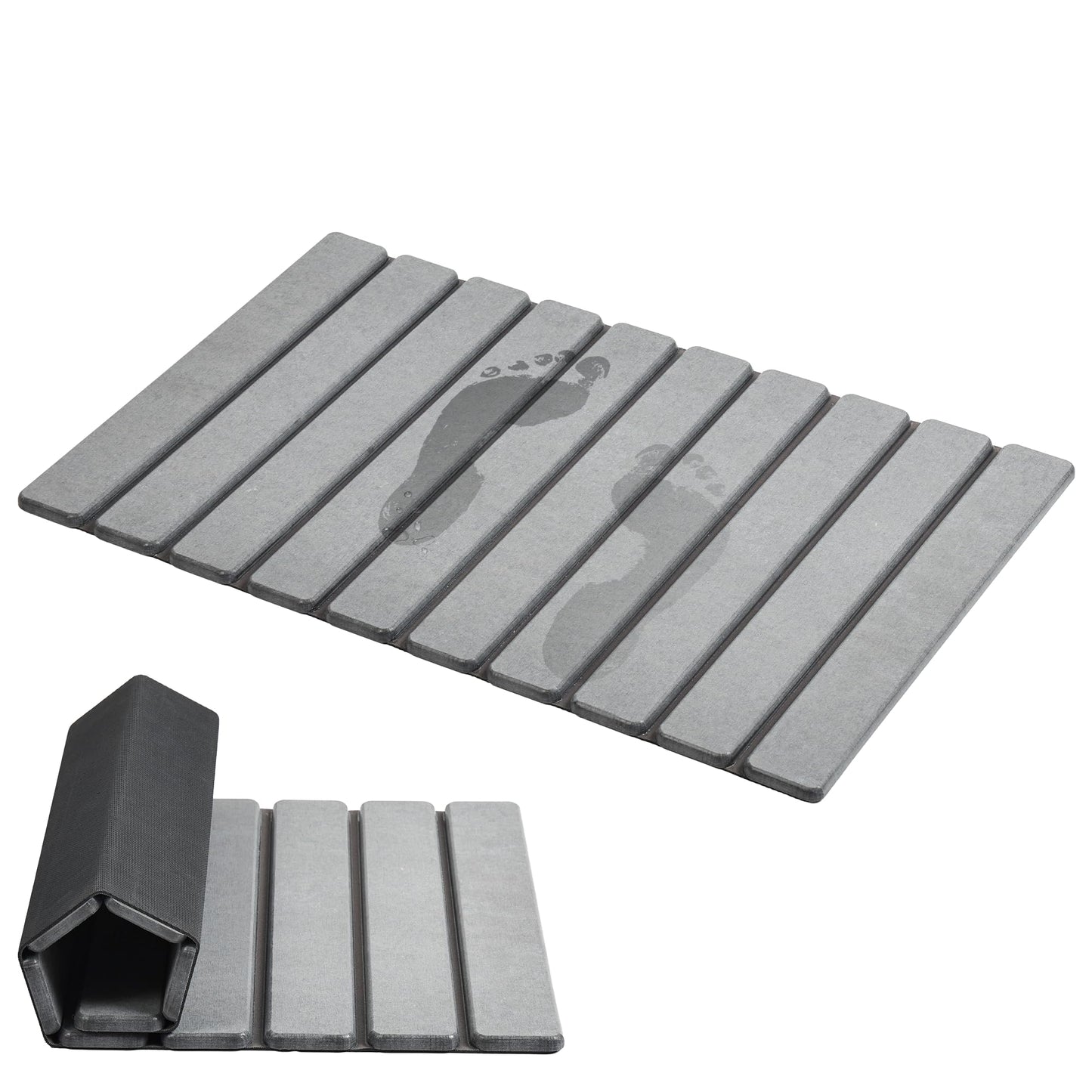 AWW Foldable Stone Bath Mat, Quick Dry Diatomaceous Earth Bath Mat with Non-Slip Mat, Super Absorbent, Easy to Clean, Compact for Small Bathrooms, 23.6 x 15.5, Grey