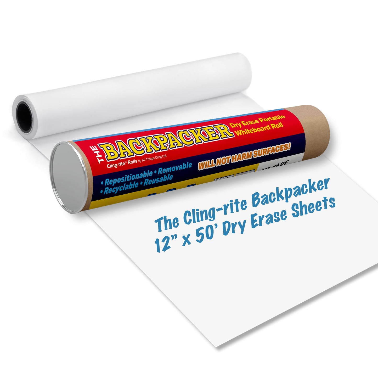 Backpacker Cling-rite Rolls Clingers Dry Erase Portable Whiteboard New Format - 12 in x 50 ft Roll, Trim to Any Length - Reusable Surface for School Supplies, Office Decor, Kids Art & Craft Projects