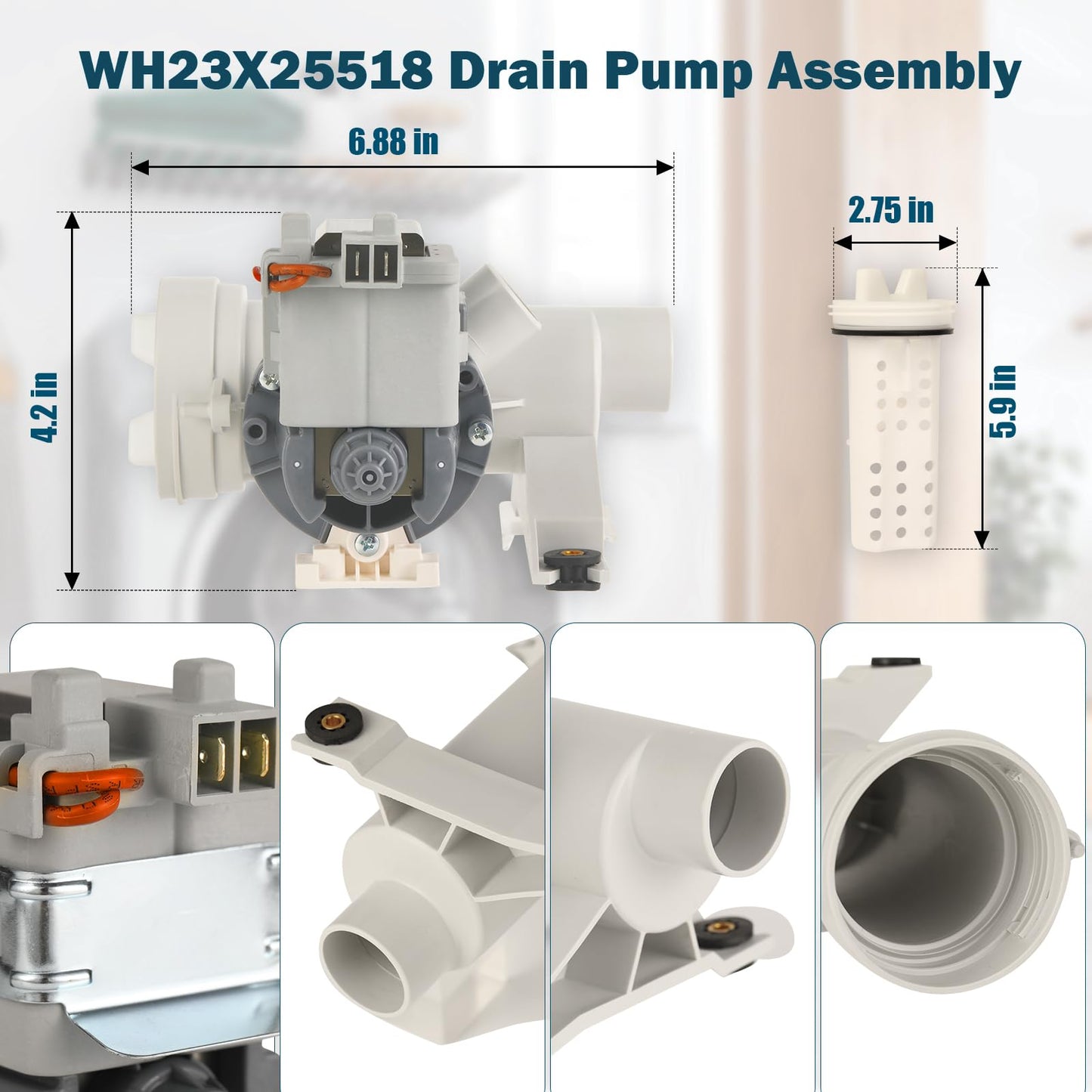 Upgraded WH23X25518 WH11X34740 Front Loading Washer Drain Pump Assembly Compatible with GE Replacement for WH23X10038 WH23X25461 PD00079543 4977212 AP7195487 PS16743374 EAP16743374