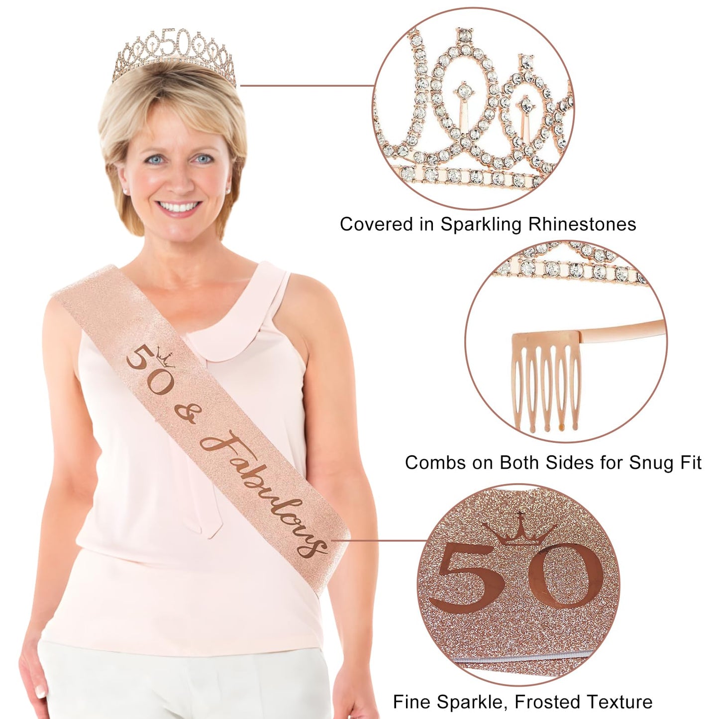 50th Birthday Decorations for Women, 33pcs 50th Birthday Crown and Sash, Black Rose Gold Happy 50th Birthday Banner Balloons Backdrop Hanging Swirls Paper Fans, 50 Years Old Birthday Decorations Kit