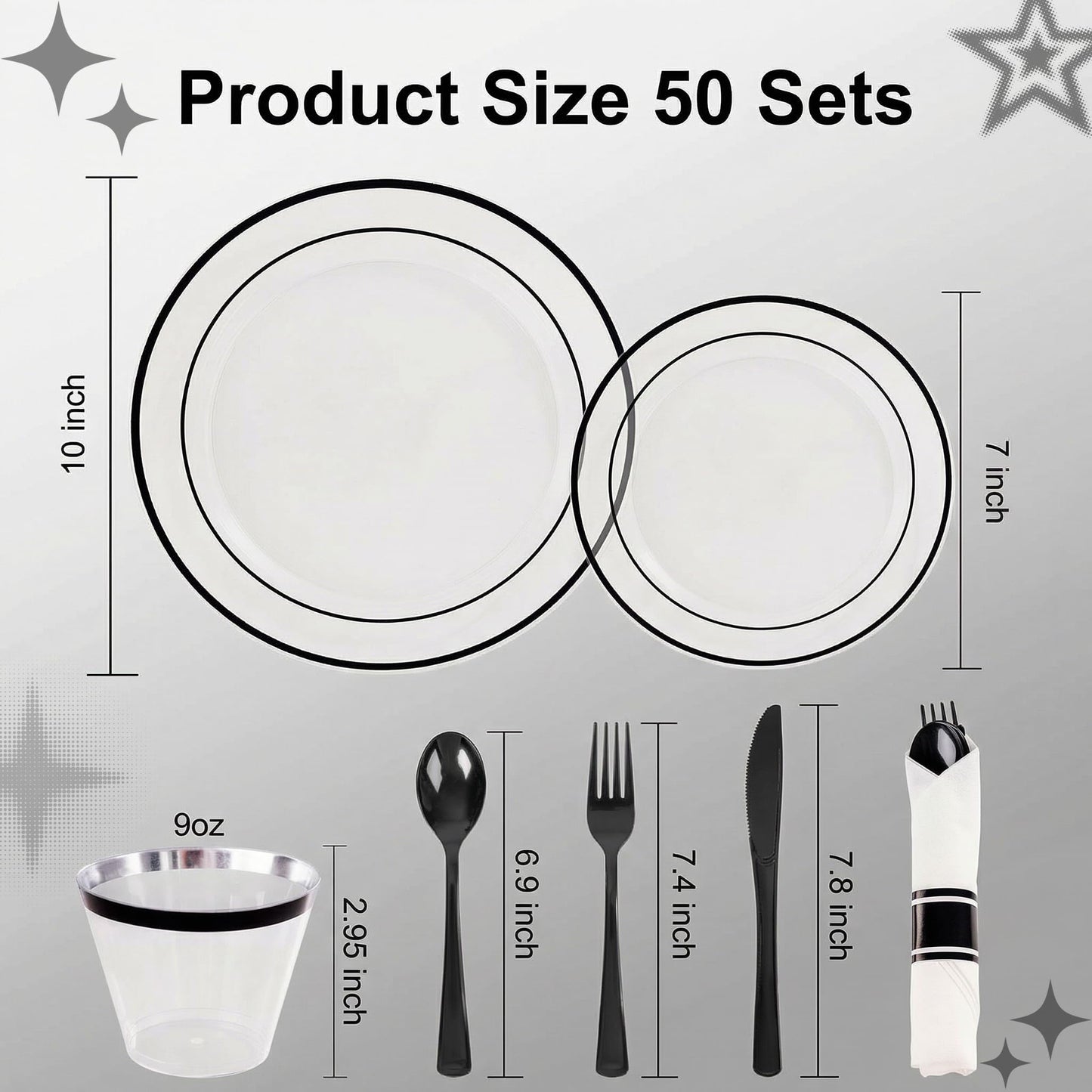 I00000 350 Pcs Black Plastic Dinnerware Set for 50 Guests Include: 50 Dinner Plates, 50 Dessert Plates, 50 Pre Rolled Napkins with Cutlery Set, 50 Cups for Birthday, Wedding Party Graduation