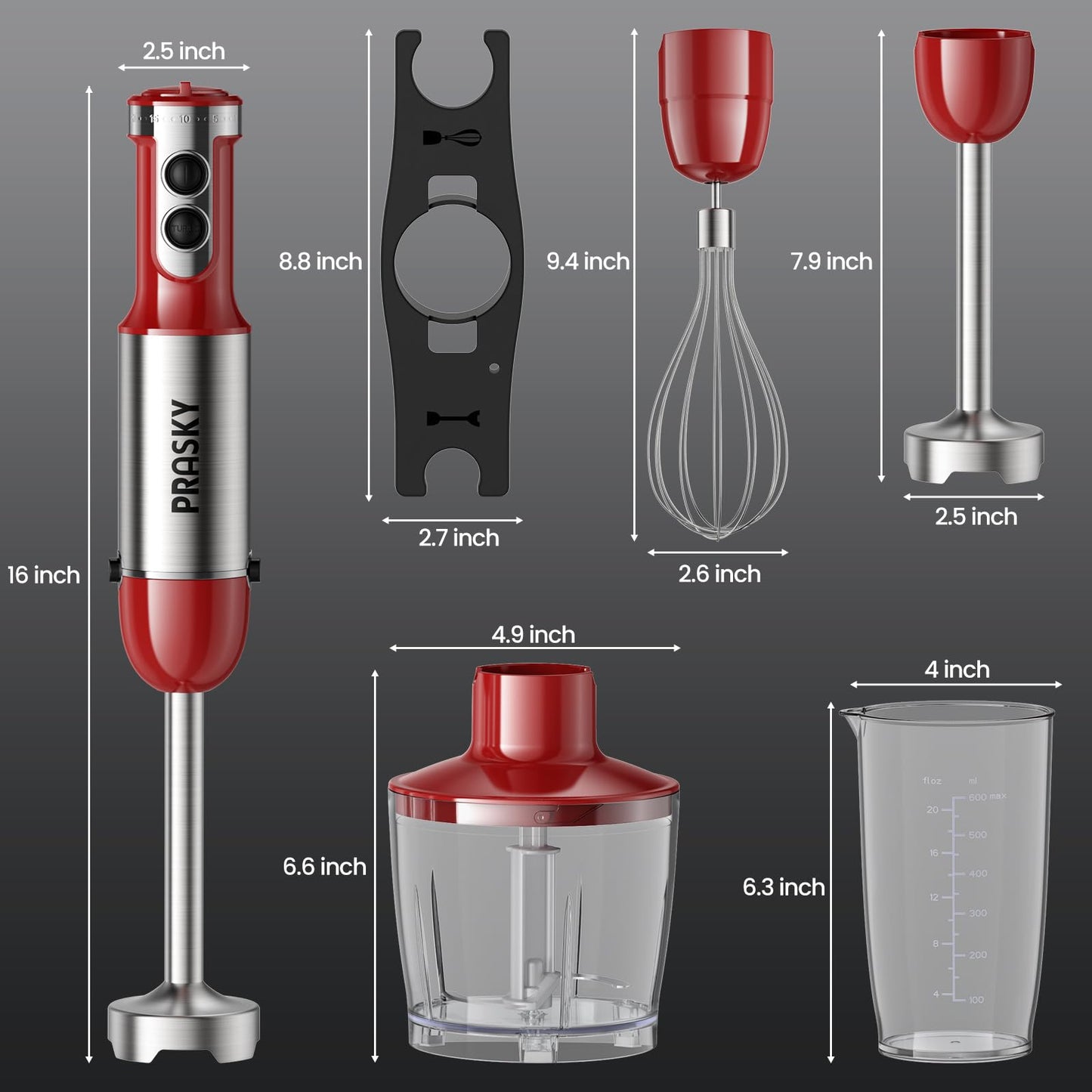 Immersion Blender Handheld 1200W, 5-in-1 Hand Blenders, 20 Speeds Hand Mixer, Stainless Steel Blades, Milk Frother Wand, Whisk, Beaker, Suitable for Kitchen, Protein Shakes and Baby Food (Red)