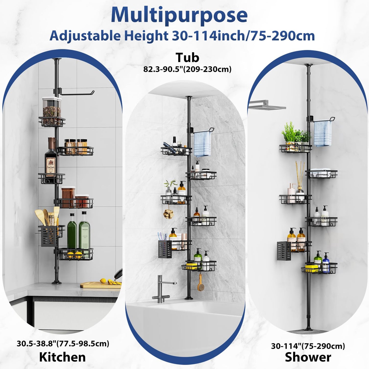 Corner Shower Caddy Organizer Tension Pole, Adjustable 6 Shower Shelves Corner Shelf 30-120Inch Rustproof Shower Rack for Inside Shower, Extra Towel Bar Soap Dish Bathroom Organizers and Storage Black