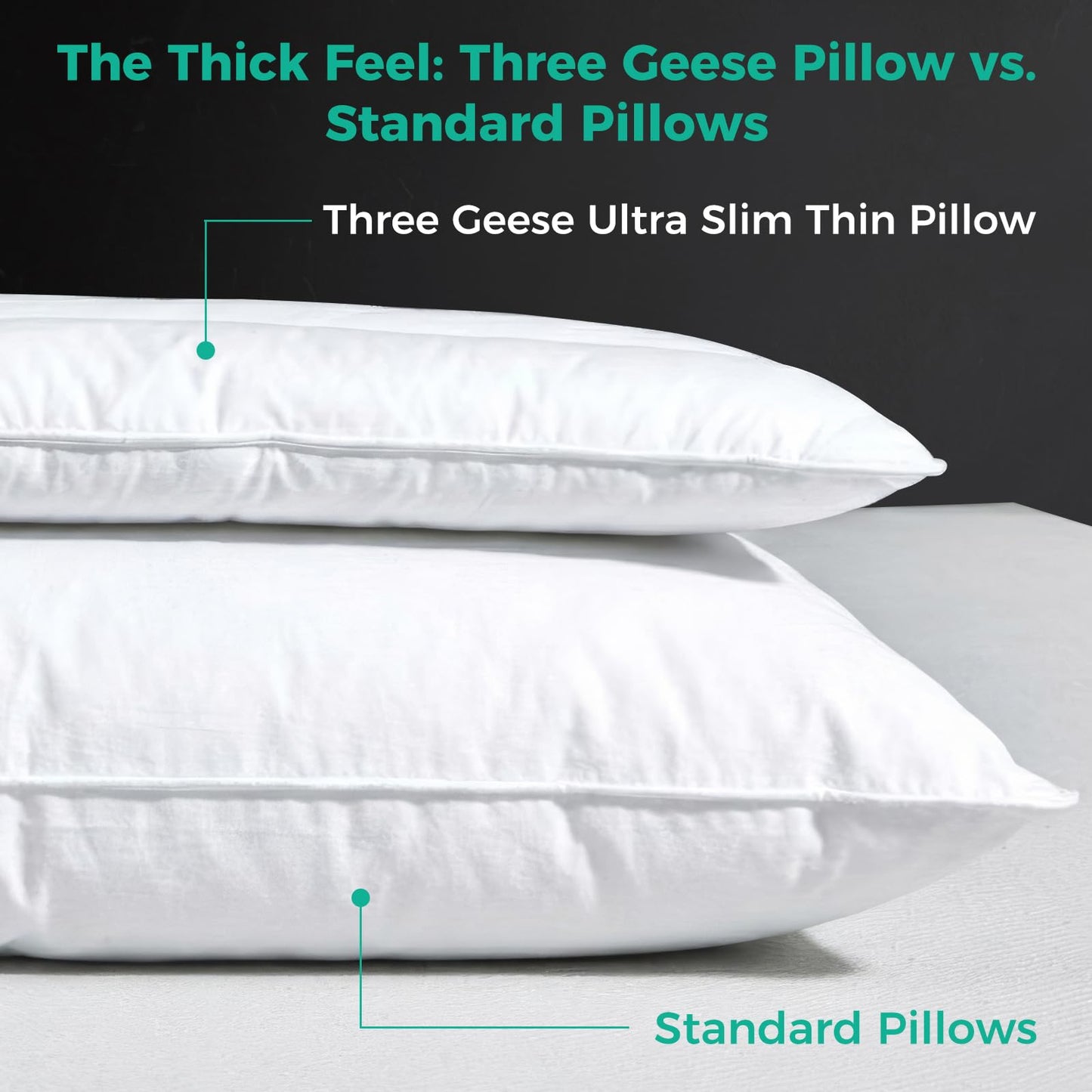 Three Geese Luxury Natural Flat Thin Goose Feather Down Pillows Standard Size, 2.5" Height, 100% Organic Cotton Cover, Medium Firm Hotel Collection Ultra Slim Thin Bed Pillows, Machine Washable