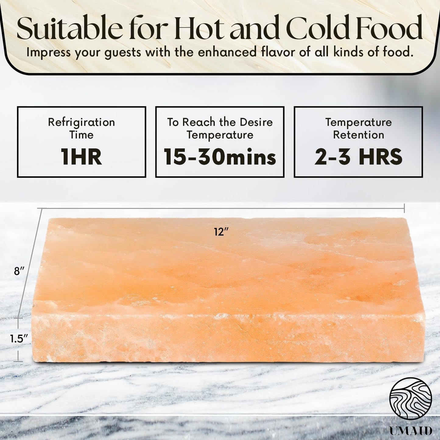 UMAID Himalayan Salt Block Cooking Plate 12x8x1.5 – Unique Gifts for Men, Food Grade Pink Himalayan Salt Stone for Cooking, Grilling, Serving & Food Presentation with Stainless Steel Tray & Recipe Booklet