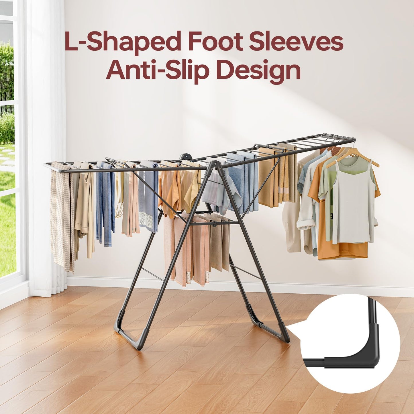 APEXCHASER Clothes Drying Rack, Foldable Oversized Drying Rack Clothing with L-Shaped Foot Cover, Height-Adjustable, Multi-Bar Laundry Rack, Indoor Outdoor Use, 20.4" D x 70" W x 42.52" H, Jet Black