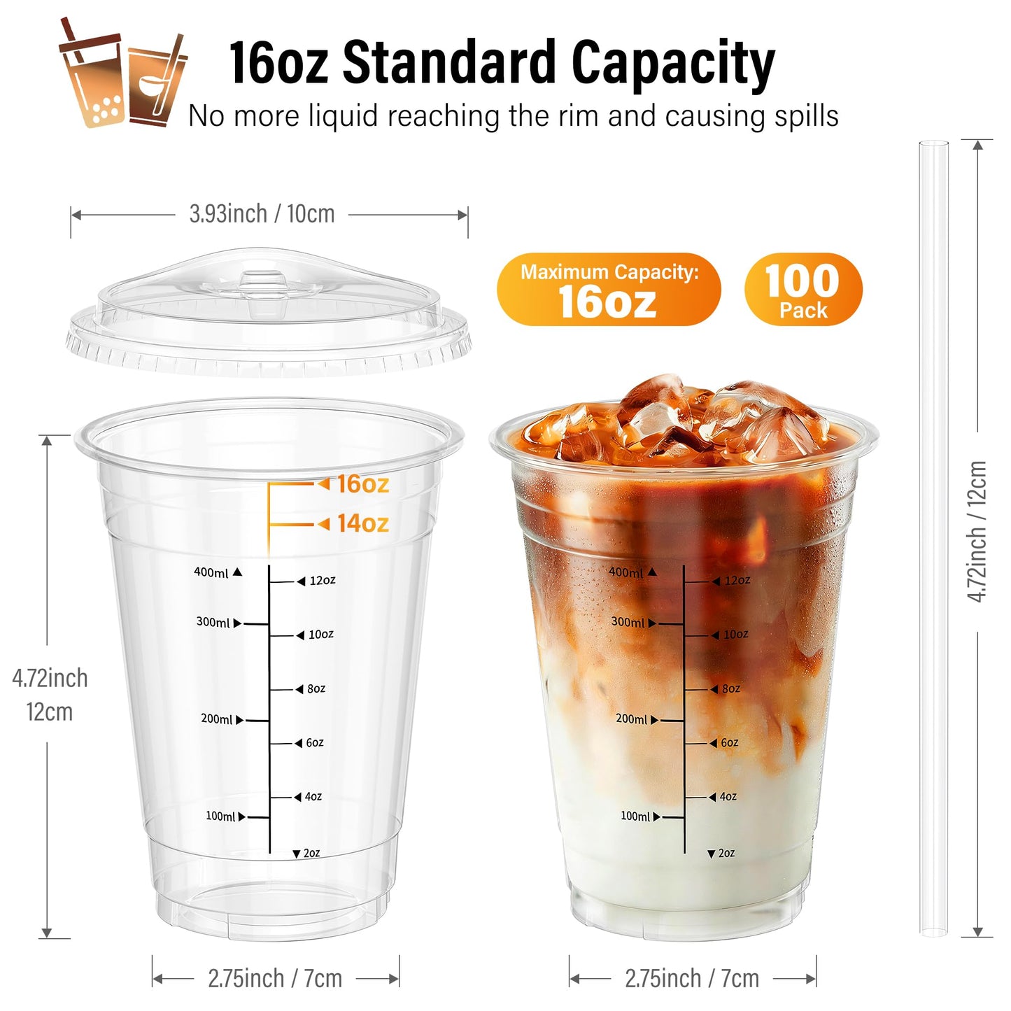 100 Pack - 16 oz Ratio Lines Iced Coffee Cups with Lids & Straws – No Guessing for Consistent Drinks, Disposable Clear Plastic Cups with Lids and Straws for Coffee, Smoothies, Juice, Parties Food Safe