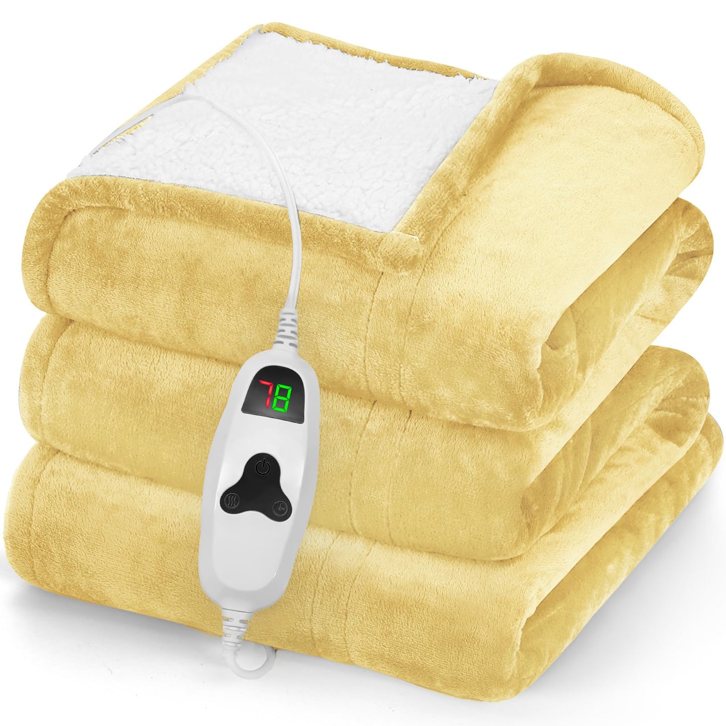 greenoak Heated Blanket Electric Throw 50"X60", Heating Blankets with 10 Heat Levels 8 Hours Auto-Off, Soft Flannel Sherpa Fluffy House Warming Gifts for Grandma Seniors Mom,Cream Yellow