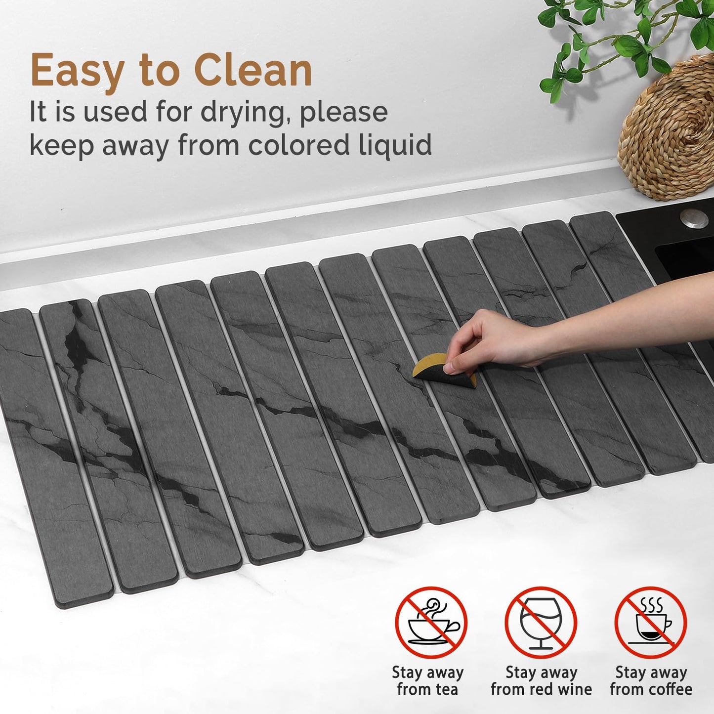 Extra Large Stone Dish Drying Mat for Kitchen Counter, Quick Dry Stone Dishes Mats, Foldable Water Absorbing Diatomaceous Drying Pad for Countertop Bottles Utensils Cups Bathroom(Dark Gray 32"×16"）