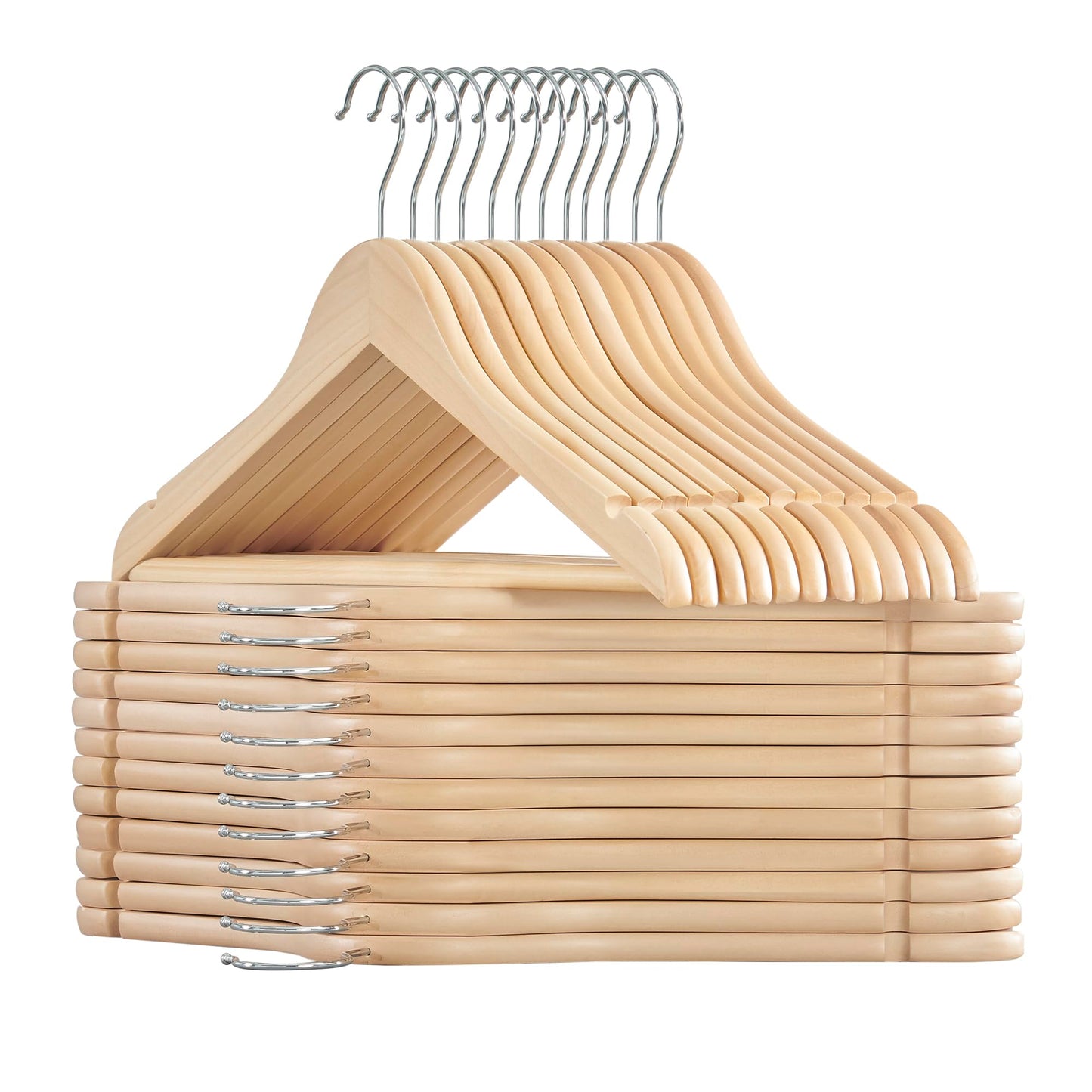 SONGMICS Wooden Hangers, Pack of 24, Coat Hangers, Non-Slip, Pants Bar, 360° Swivel Hooks, for Jackets, Shirts, Coats, Natural Wood UCRW010N24