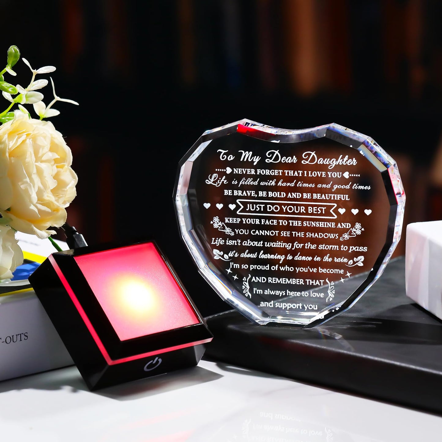 YWHL Meaningful Daughter Gifts from Mom Dad, Birthday Gifts for Adult Daughter Heart Crystal Keepsake with Colorful Light Base, to My Daughters Present on Christmas Graduation Valentine Day