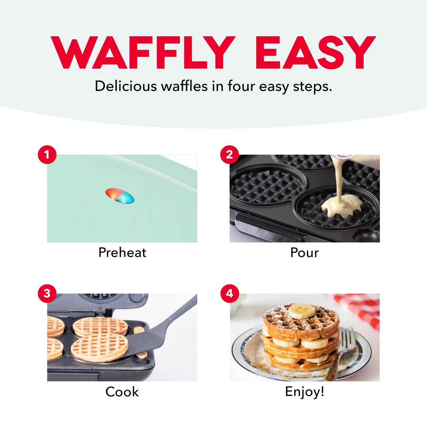 Dash Multi Mini Waffle Maker - Makes Four Waffles at Once for Family Breakfasts - Dual Nonstick Heating Plates & Easy-Release Surface - Compact & Fast-Heating - Graphite