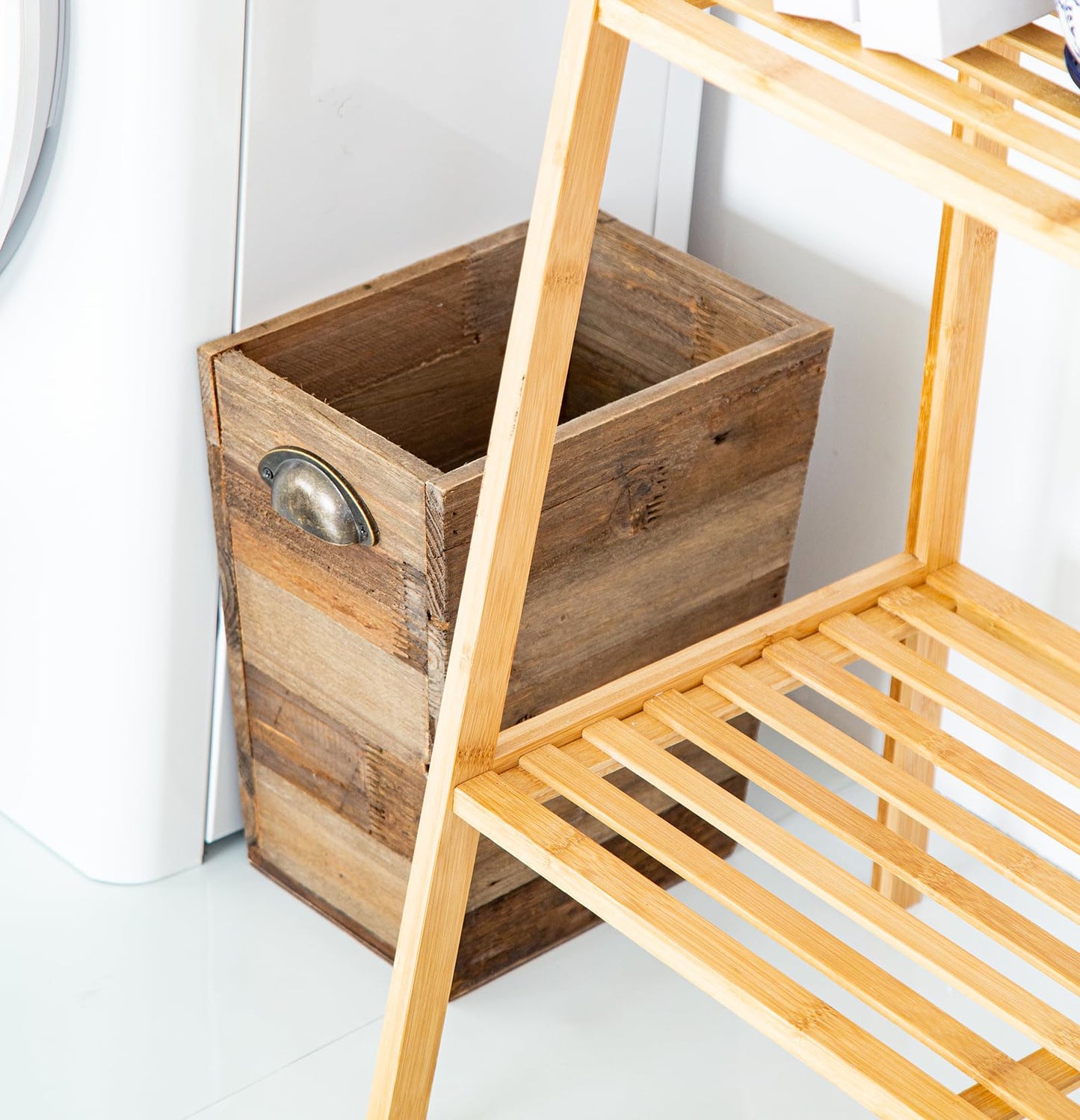 Small Wood Trash Can, Farmhouse Rectangular Garbage Can Waste Basket, Rustic Distressed Reclaimed Wood Wastebasket, Vintage Wooden Trash Recycling Bin Storage Basket with Metal Handles (Natural)