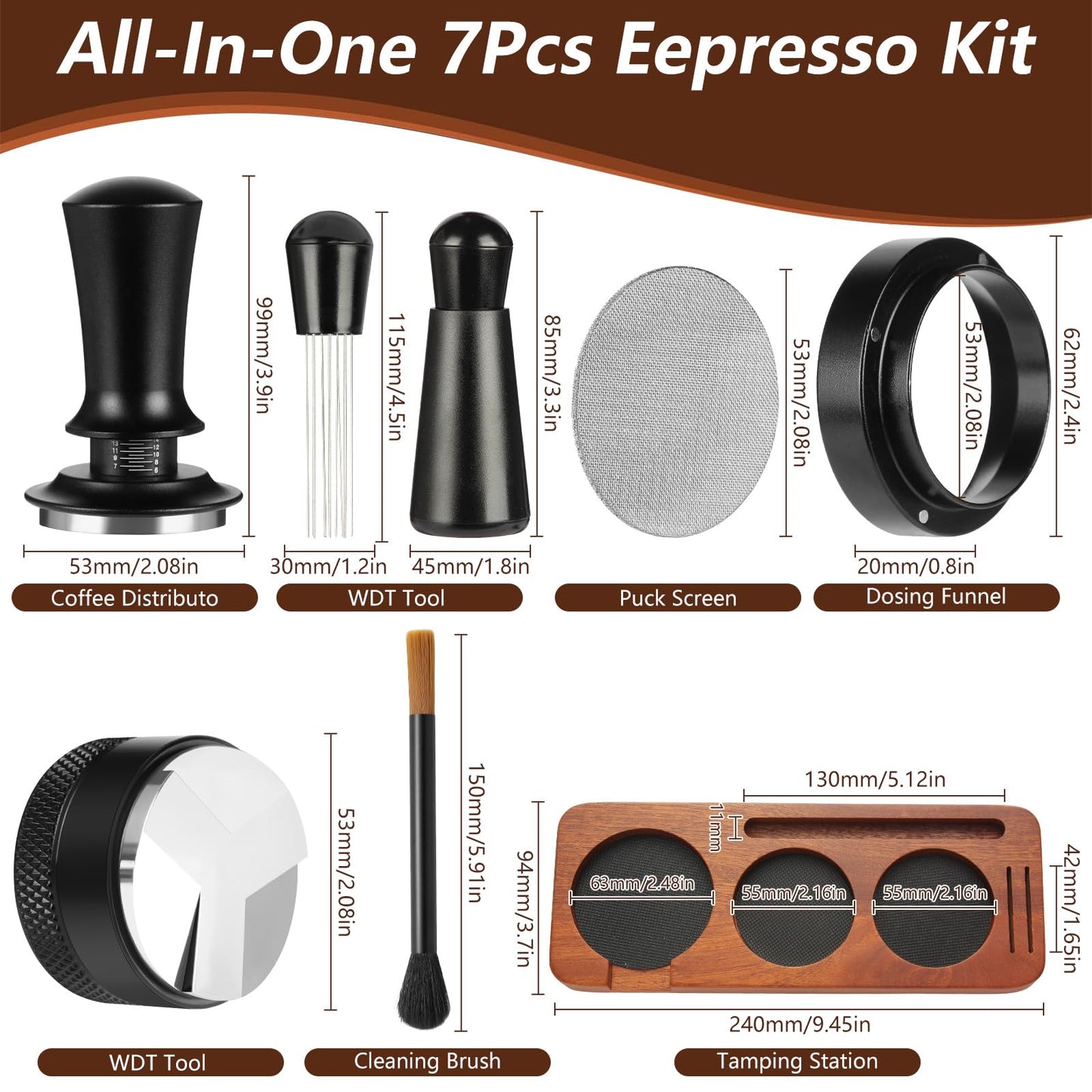 7 PCS Espresso Accessories,Espresso Tamper Tools,WDT Tool Espresso Machine Accessories Kit,Coffee Tamper with Wood Espresso Tamping Station,Distributor,Stirrer,Dosing Funnel,Brush,Puck Screen (54mm)