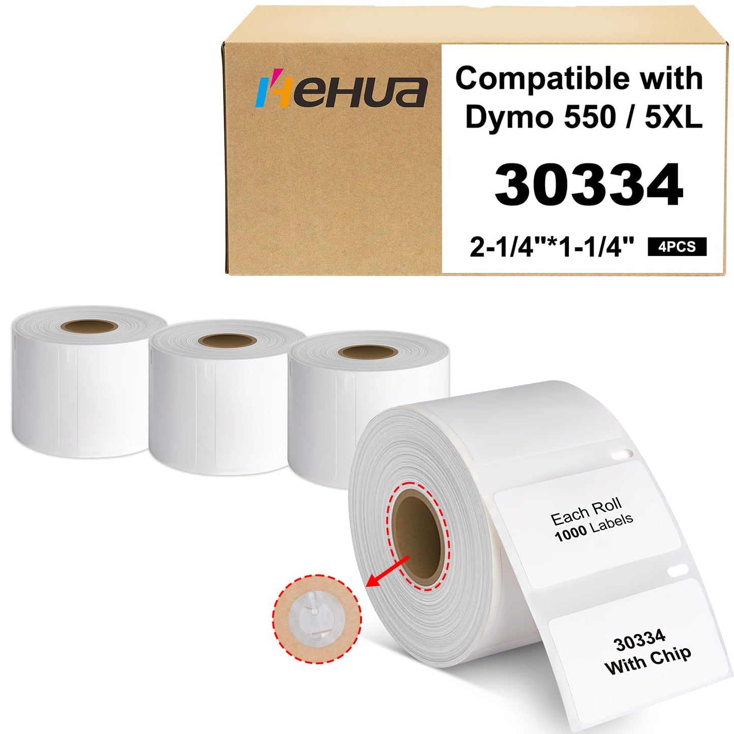 Hehua 2-1/4" x 1-1/4" Compatible with DYMO Labelwriter 550 5XL 30334 with RFID Chip, Multipurpose Barcode & FNSKU Labels, Perforated, Compatible with DYMO Desktop Printers, Total 4000 Labels/4 Rolls