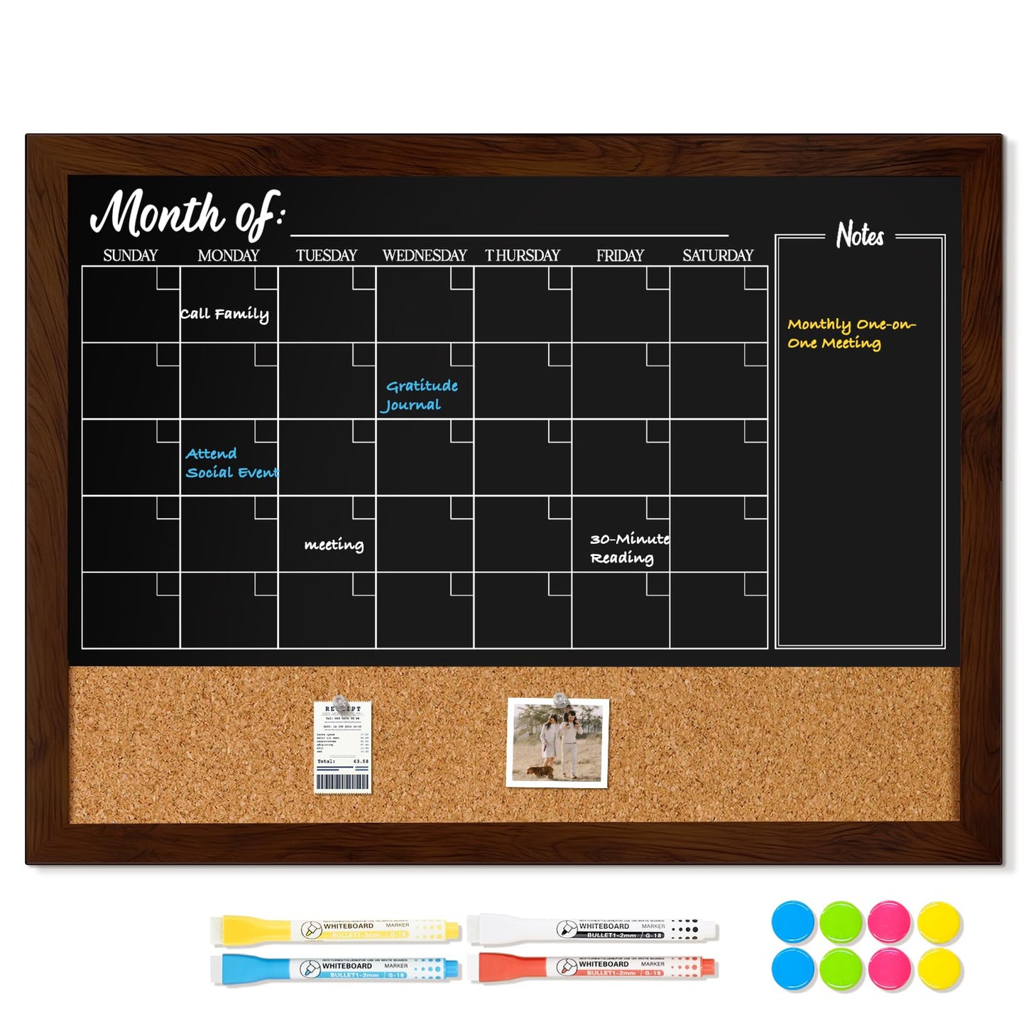 DOLLAR BOSS Chalkboard Calendar Corkboard Combo, 24" x 18" Magnetic Chalk Board Monthly Planner & Natural Cork Bulletin Rustic Wood Frame for Office Home School with 4 Markers, 8 Magnets, 10 Pins