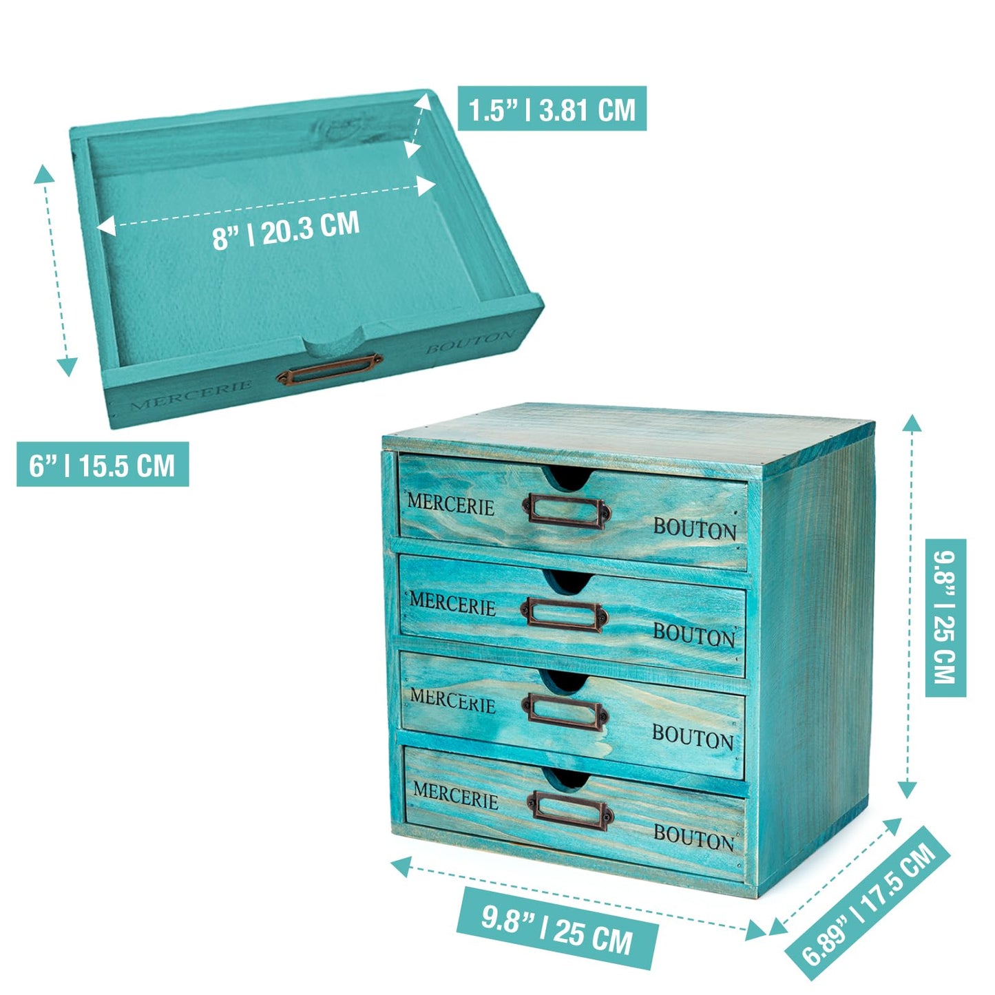 Turquoise 4-Tier Drawer Unit - Teal European Country Style Desk Organizer Box - 9.7x7x10 Wooden Stackable Drawers - Countertop Organizer Drawers w/Label Holder - 4-Level File Drawer Unit