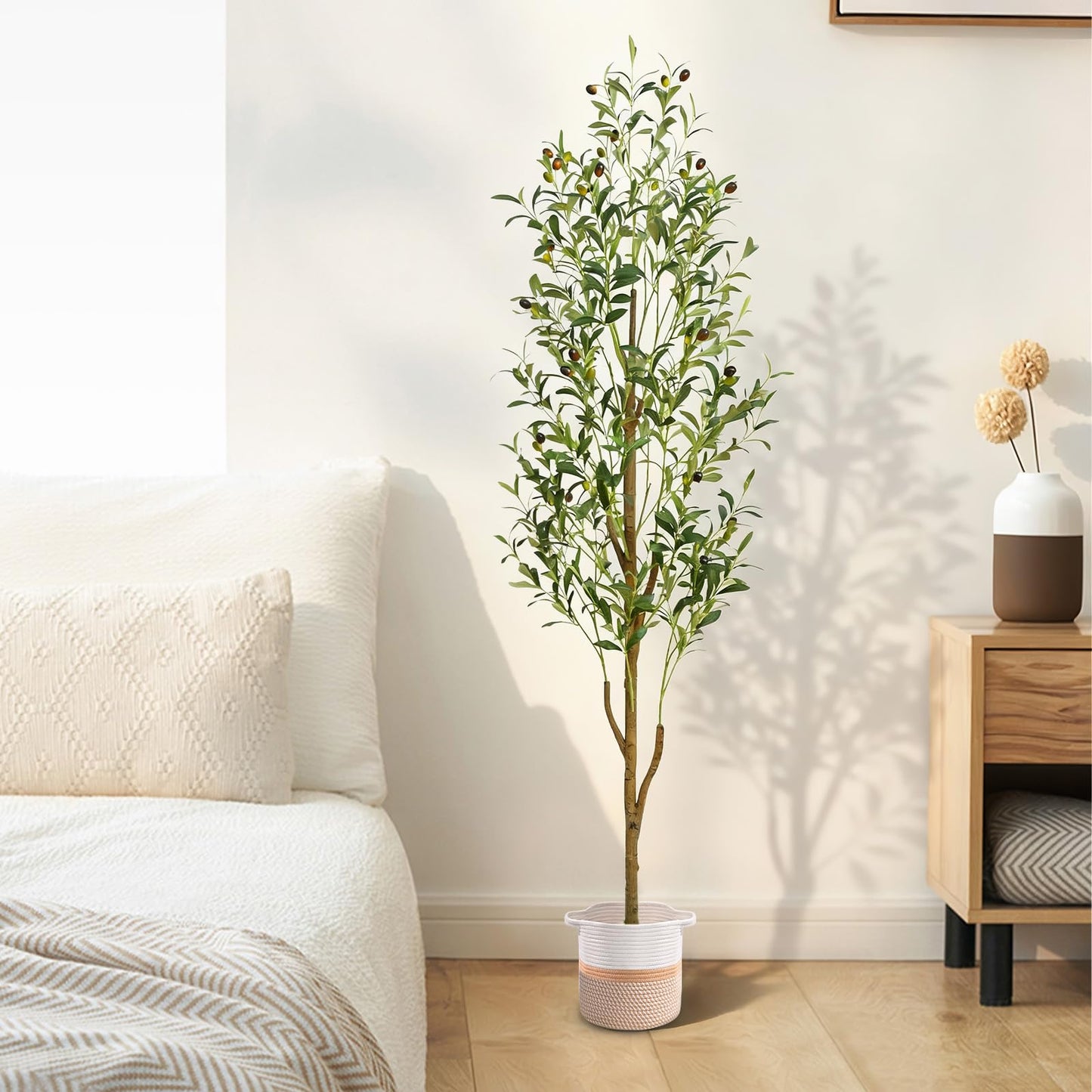 Waipfaru Artificial Olive Tree, 6FT Tall Faux Olive Trees with Planter & Basket, Artificial Plants Indoor with Natural Wood Trunk and Realistic Fruits for Home Decor Office Living Room